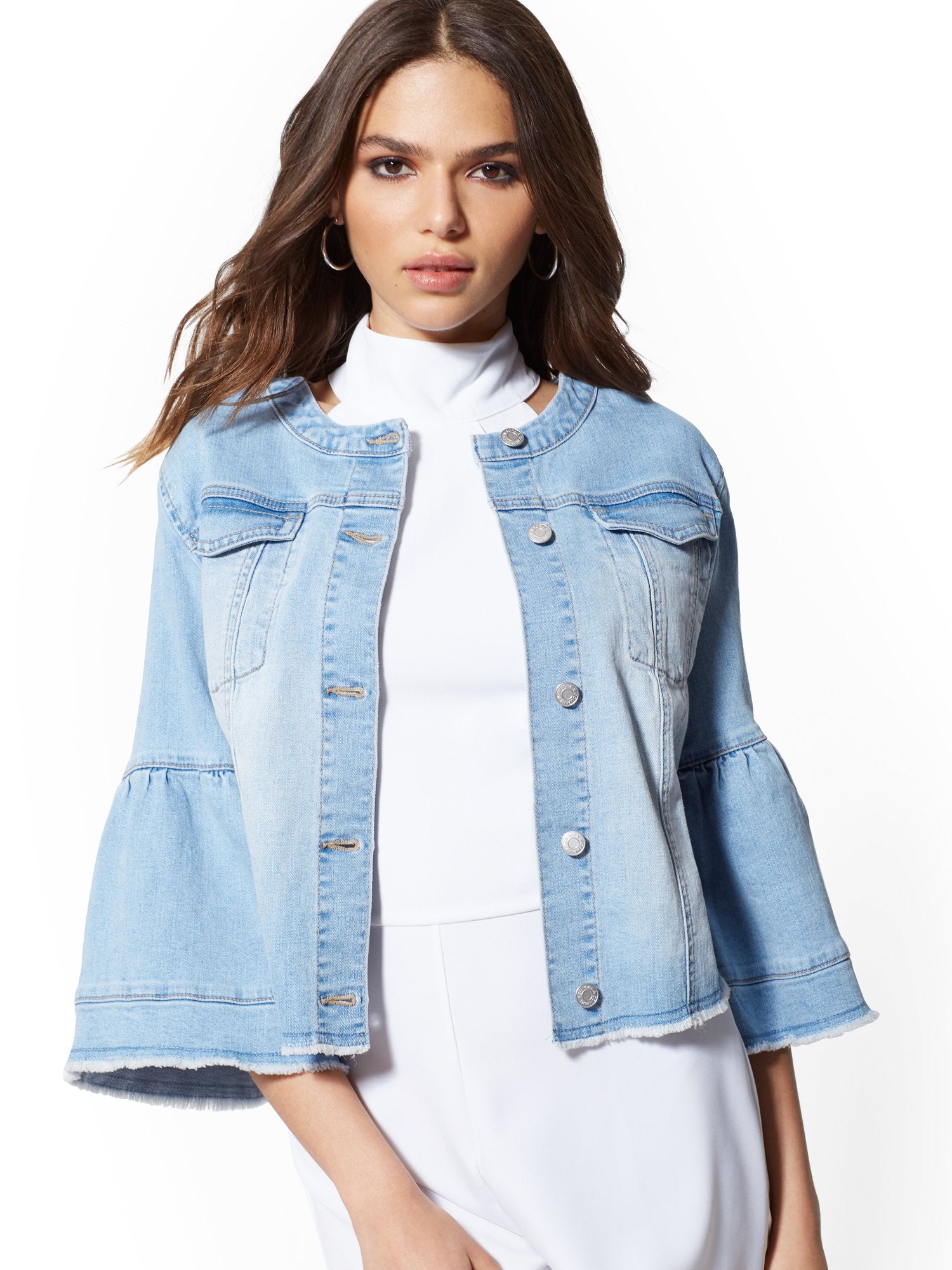 Bell-Sleeve Frayed Denim Jacket - Blue Horizon – New York & Company