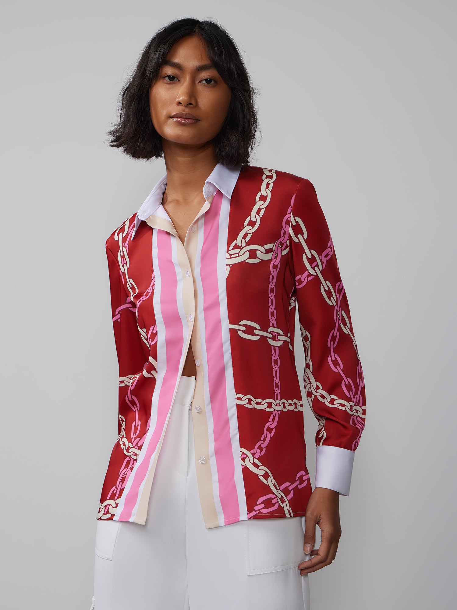 Long Sleeve Chain Print Satin Blouse – New York Company
