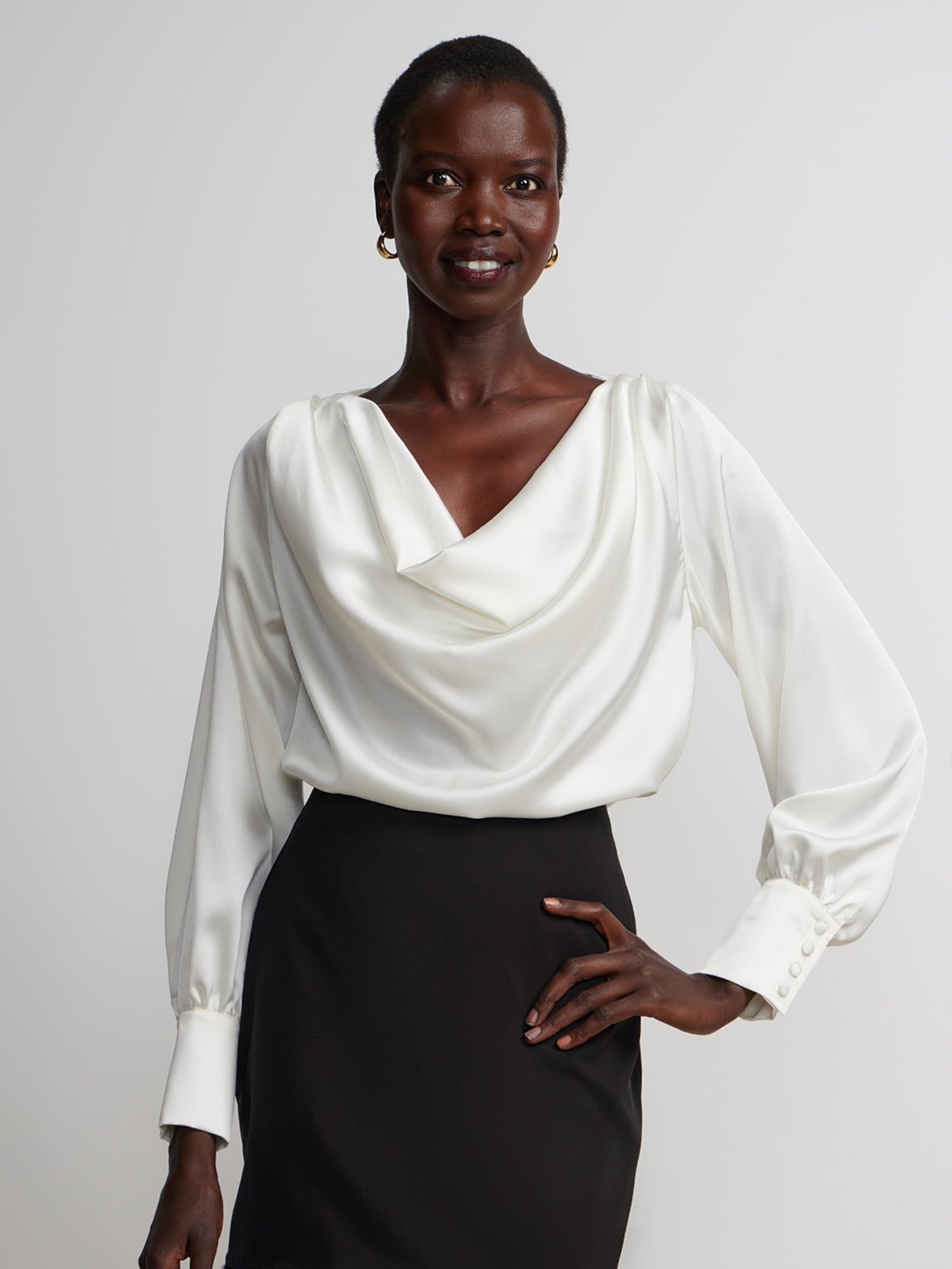 Long Sleeve Satin Cowl Neck Top – New York & Company
