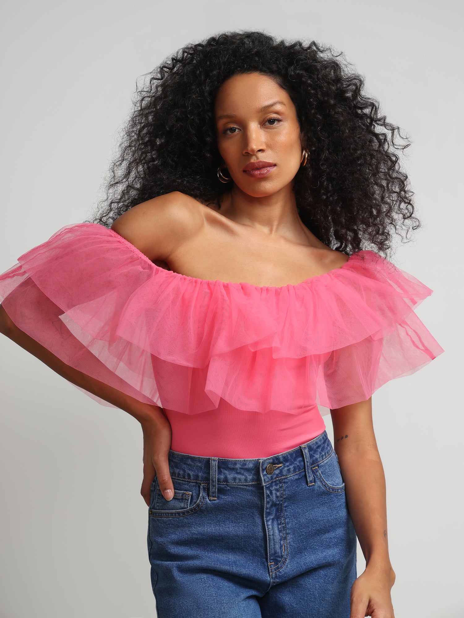 Off-The-Shoulder Organza Ruffle Top - Contour Knits – New York