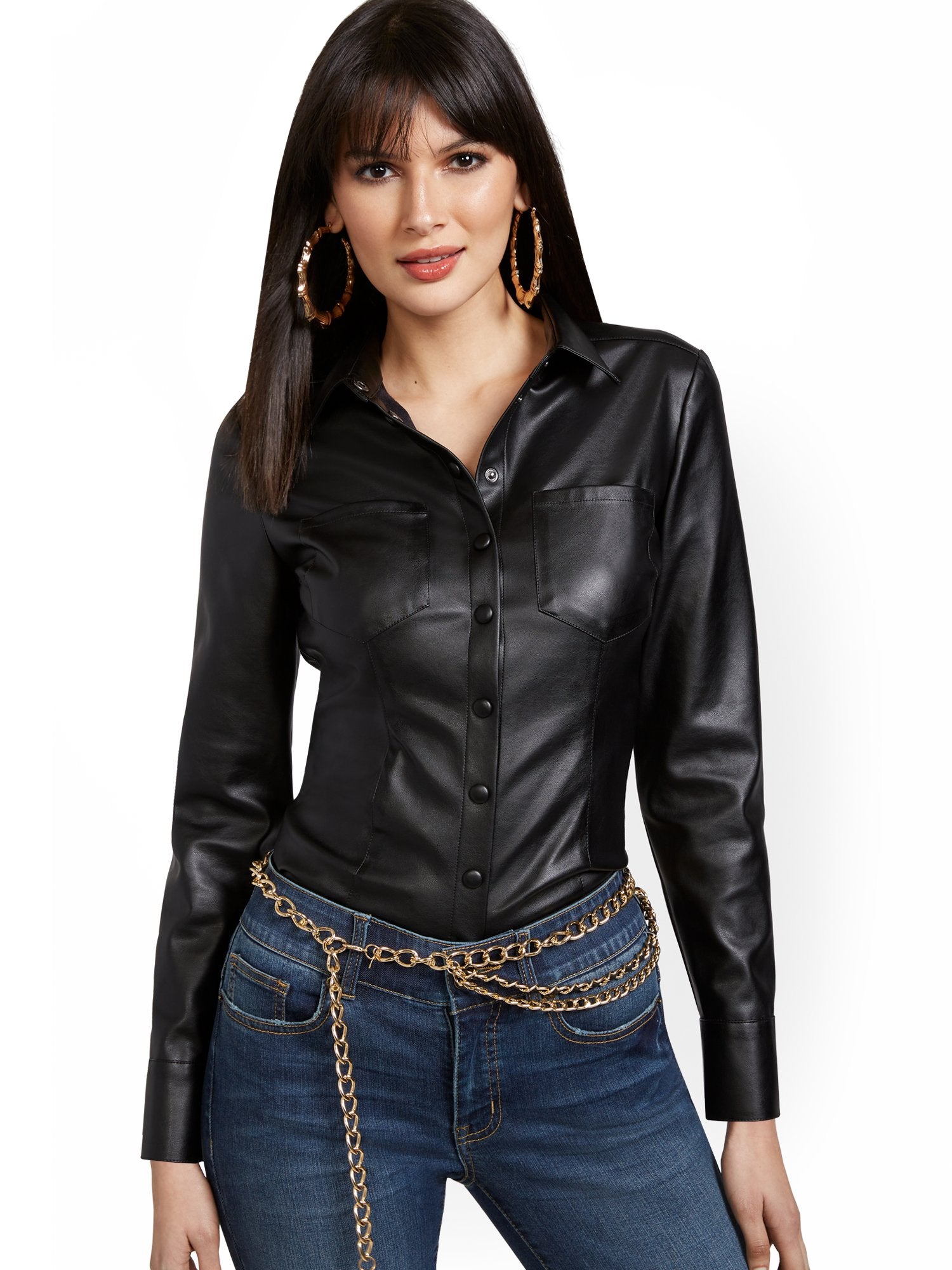 Faux-Leather Button-Down Shirt – New York \u0026 Company, image size:1500x2000