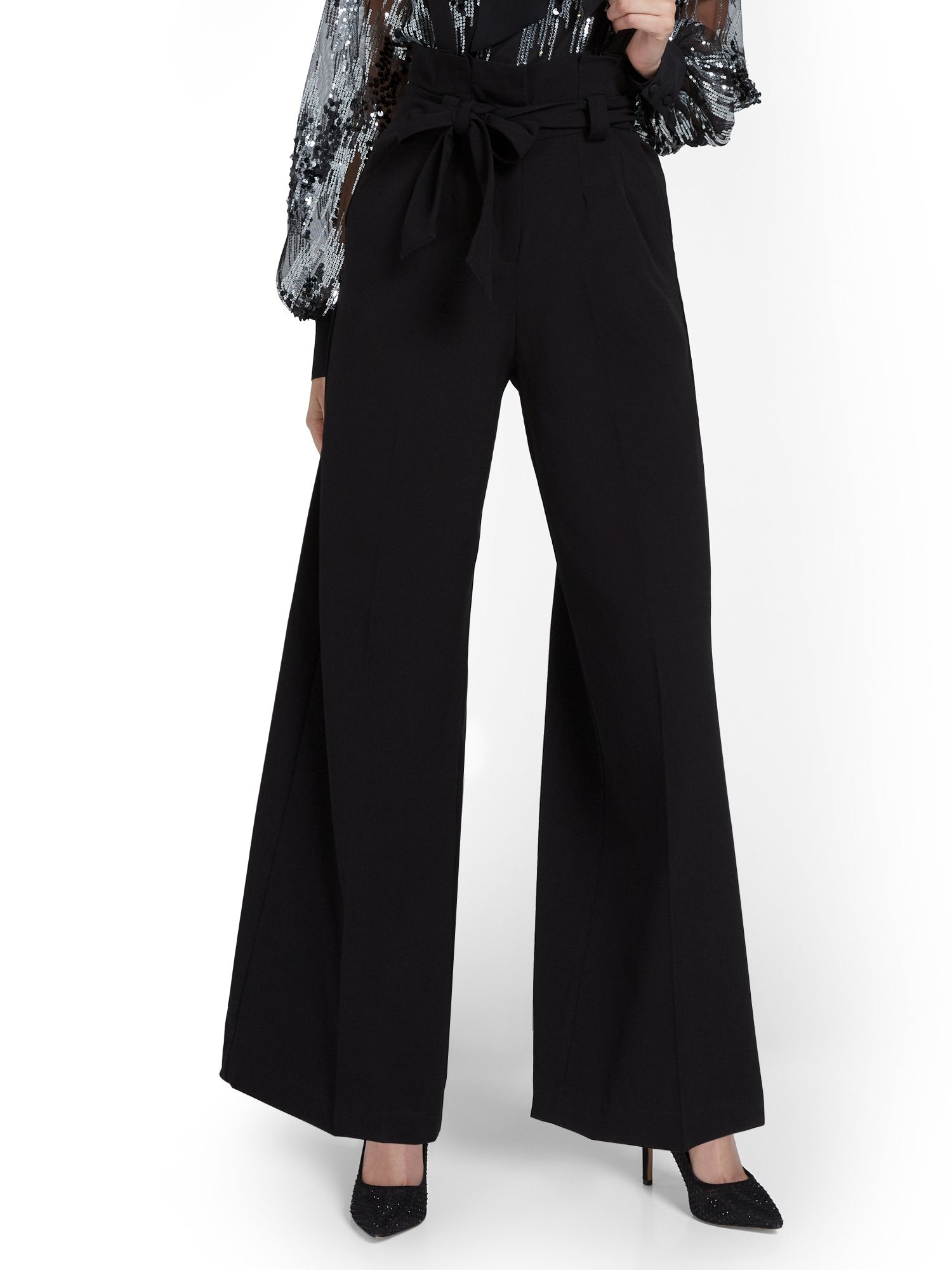 High-Waisted Wide-Leg Suspender Pant New York & Company High-Waisted Wide-Leg Suspender Pant New York & Company