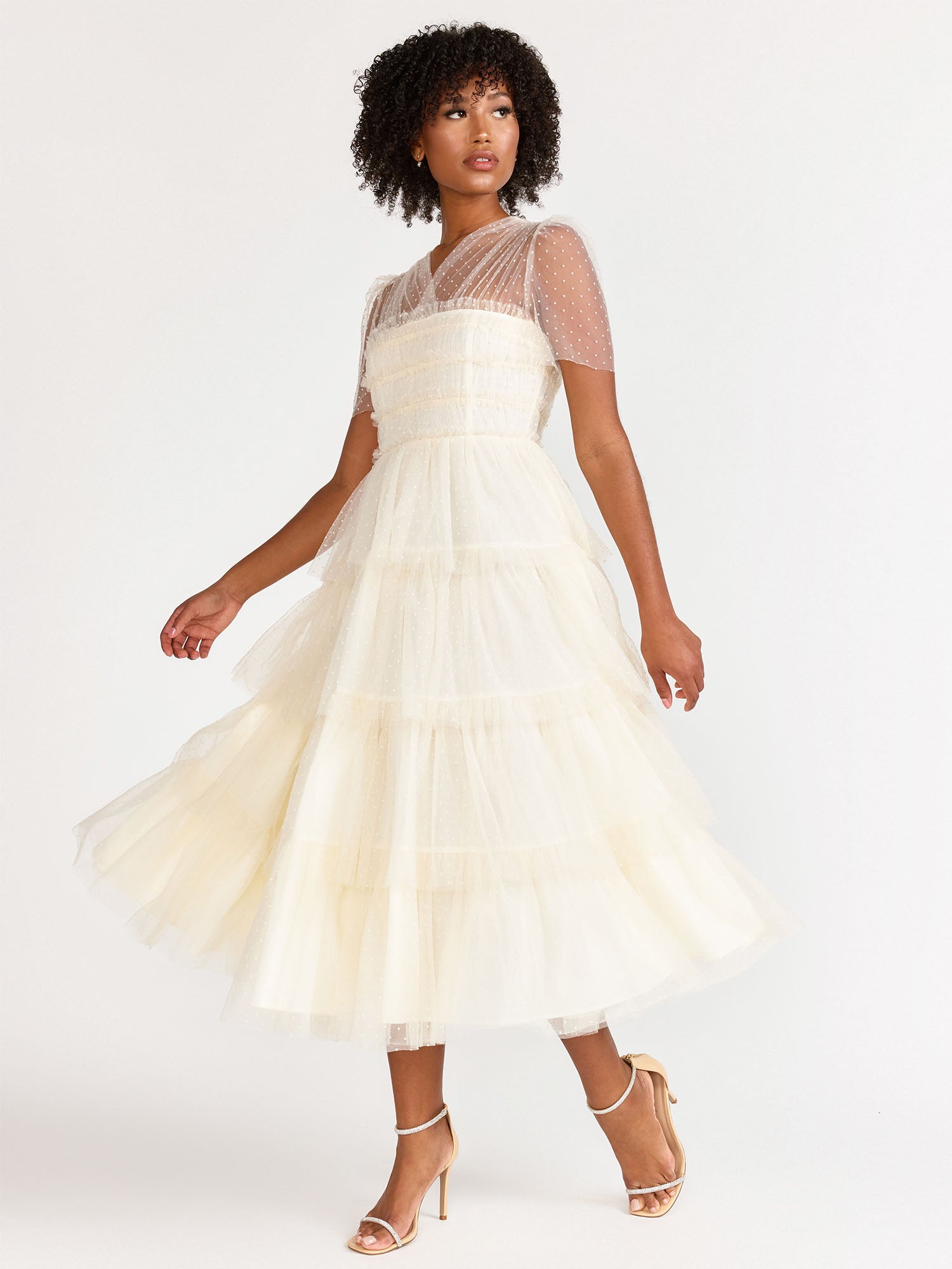 Short-Sleeve Flocked Mesh Smocked Midi Dress