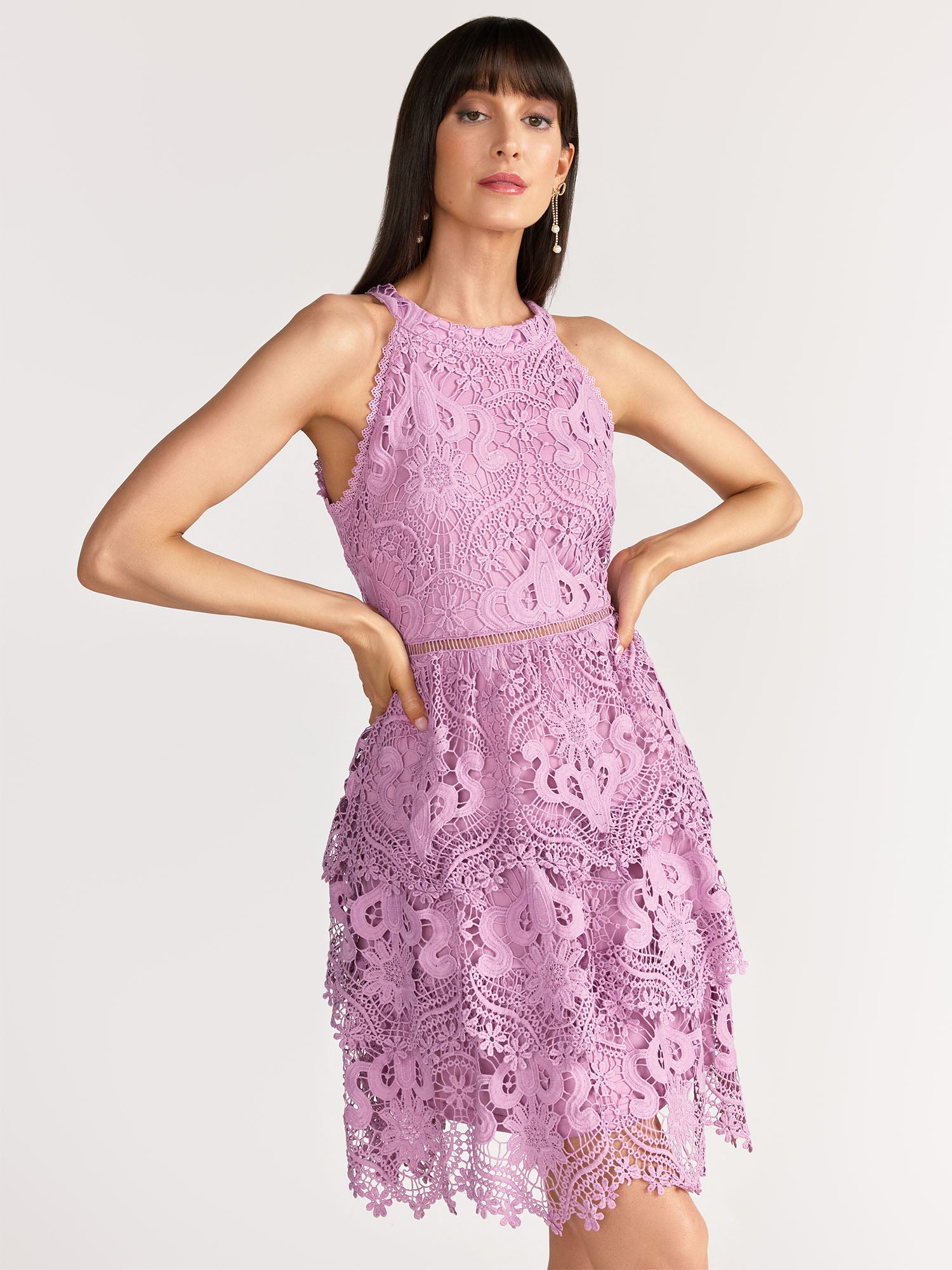 Just Me Sleeveless Halter Neck Floral Embroidered Tiered Lace Dress - Just Me Sleeveless Halter Neck Floral Embroidered Tiered Lace Dress -