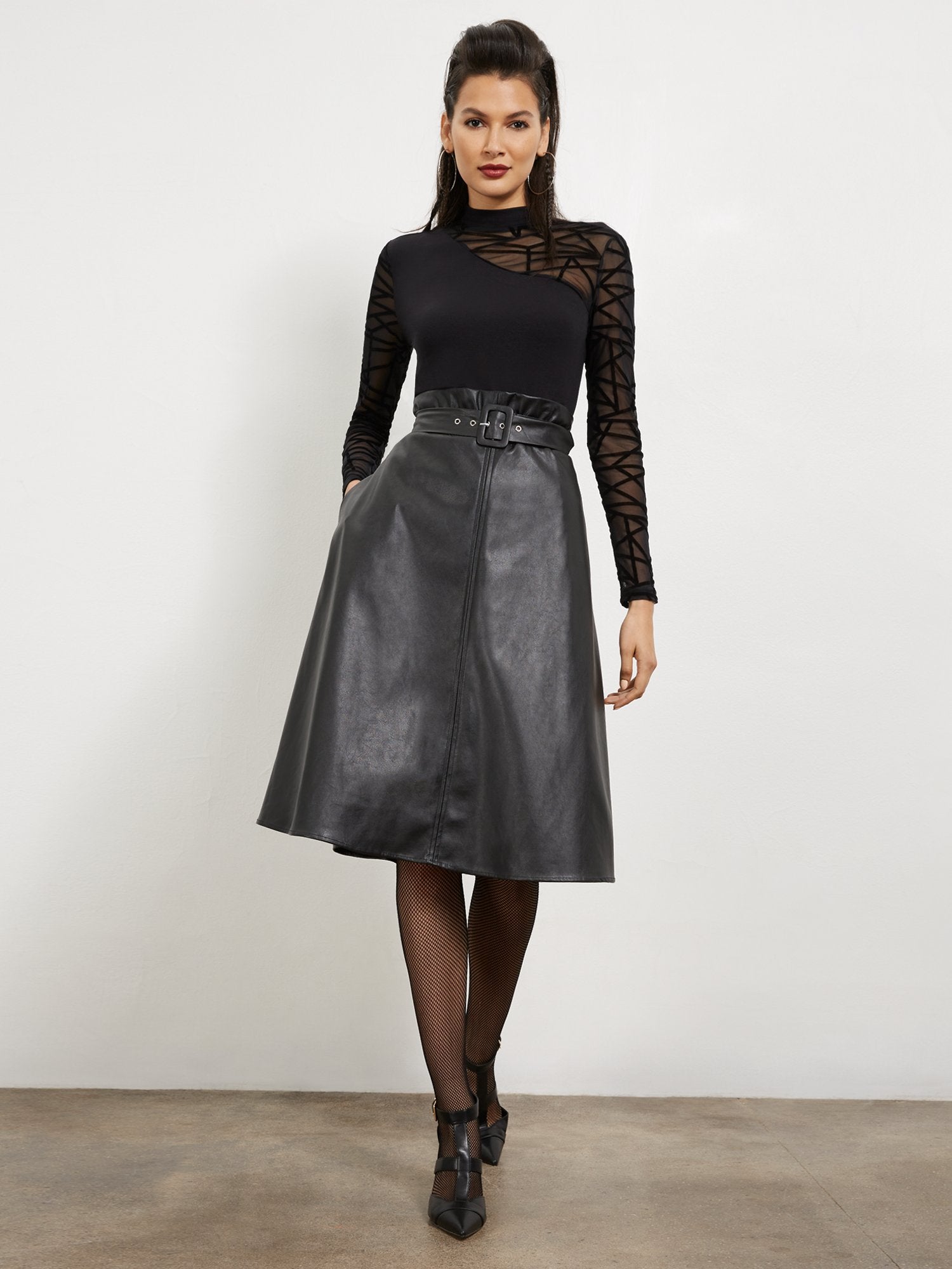 Faux-Leather Belted Flare Skirt New York & Company Faux-Leather Belted Flare Skirt New York & Company