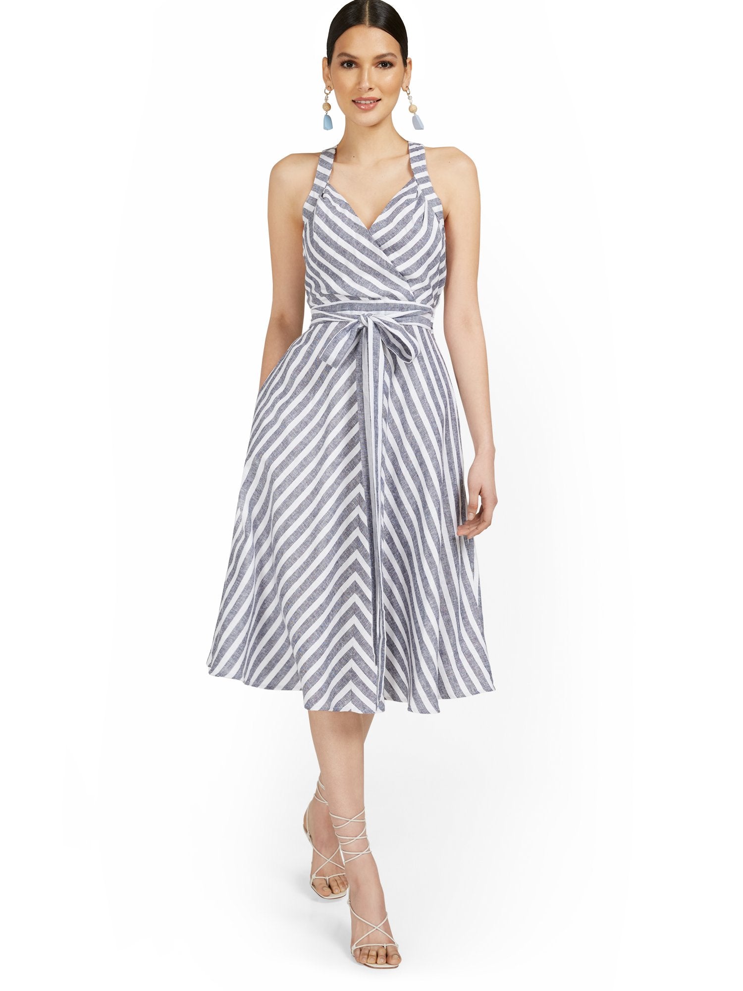 Tall Navy Linen-Blend Halter Fit and Flare Dress New York & Company Tall Navy Linen-Blend Halter Fit and Flare Dress New York & Company