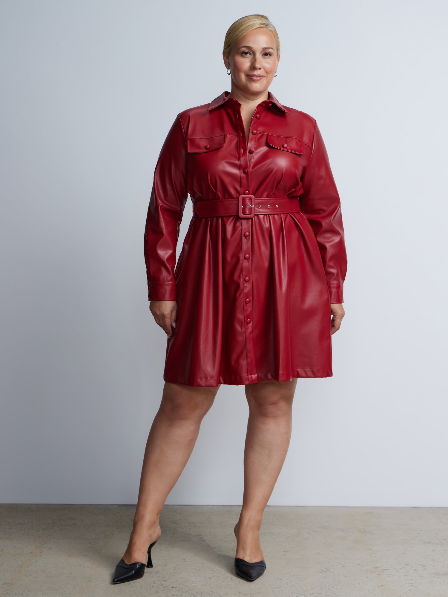 Plus Size Leather Button Down Shirt Long Sleeve Button Up Leather Dress  Plus Faux Leather Belted