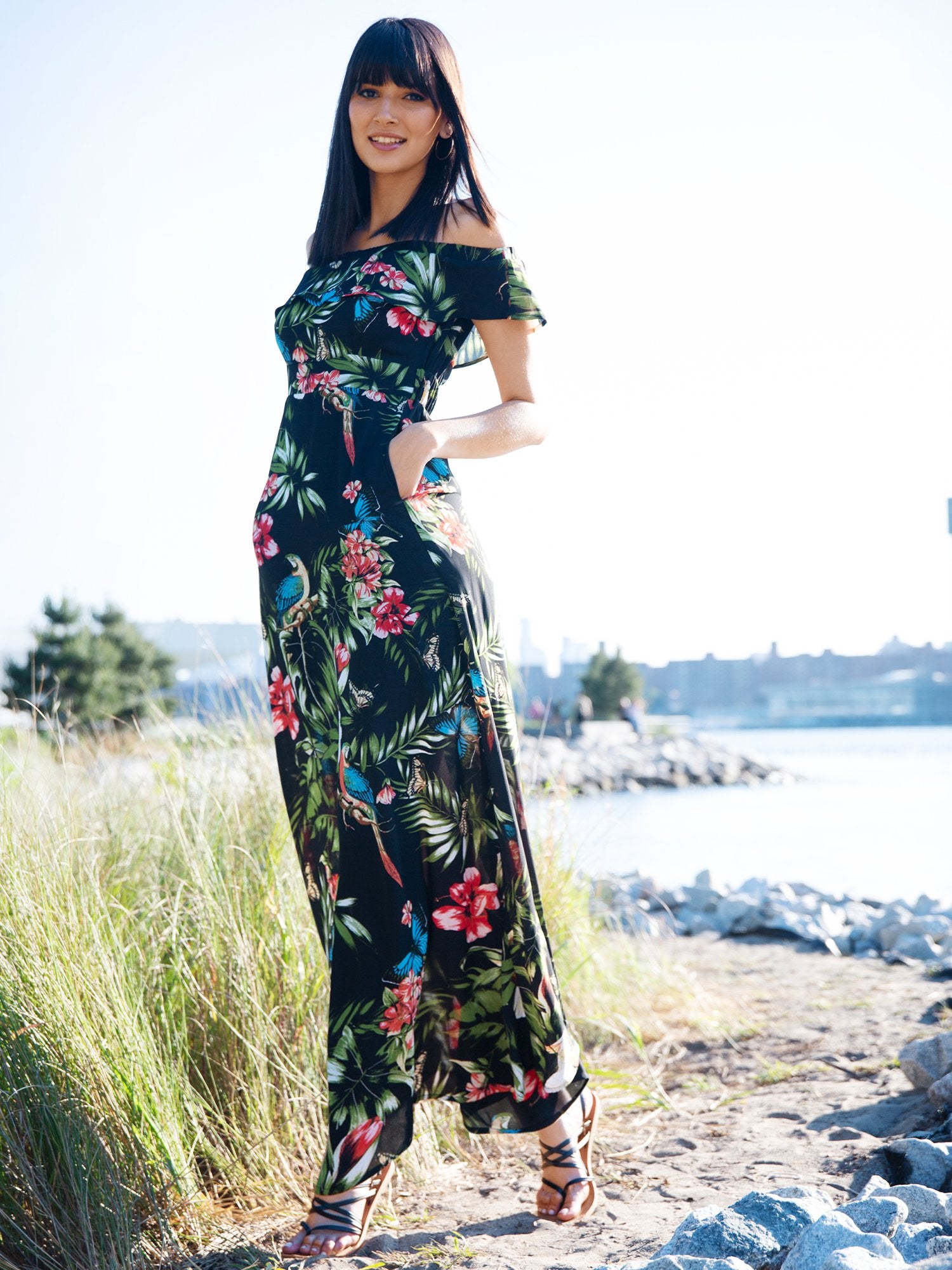 petite floral maxi dress Petite Floral Print Off-Shoulder Maxi Dress