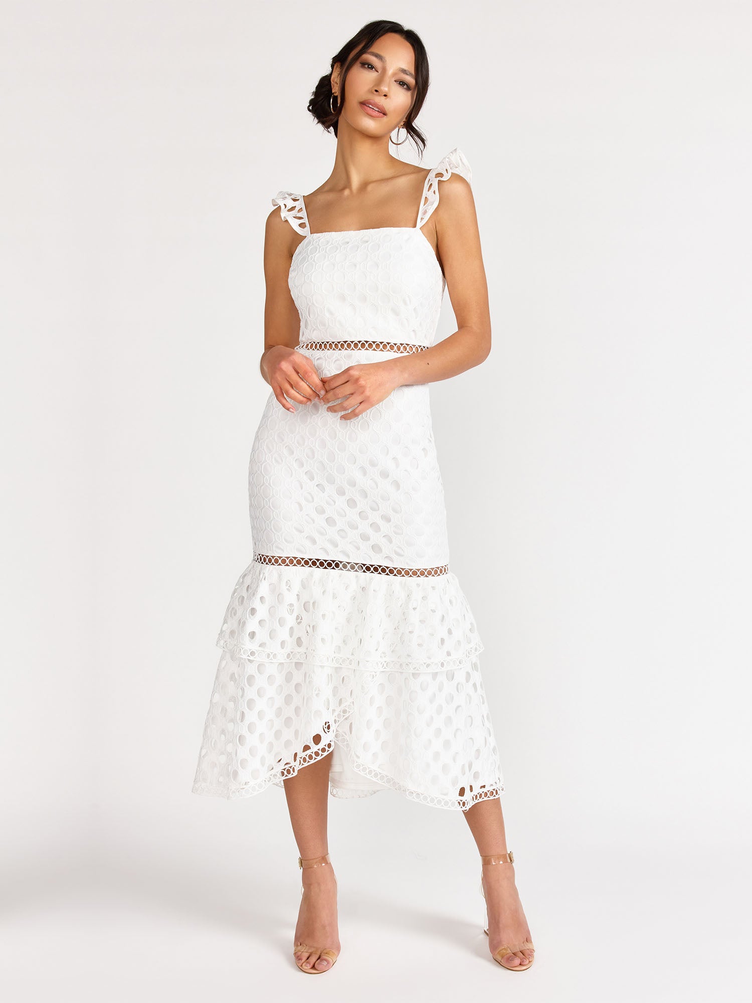 white christmas dresses Just Me Sleeveless Crochet Lace Sheath Dress