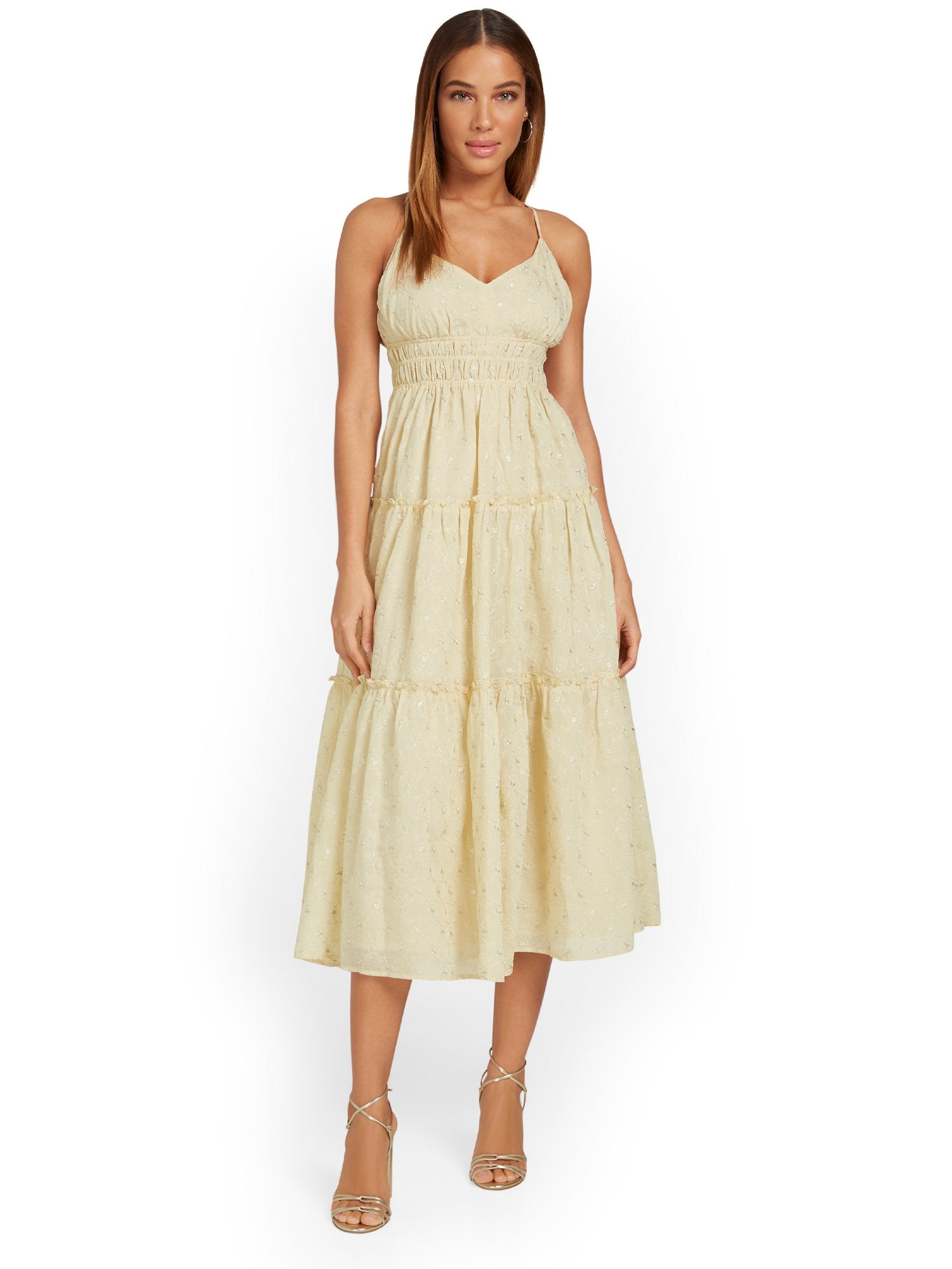 Just Me Embroidered Lurex Tiered Midi Dress - Brands We Love New York & Company Just Me Embroidered Lurex Tiered Midi Dress - Brands We Love New York & Company