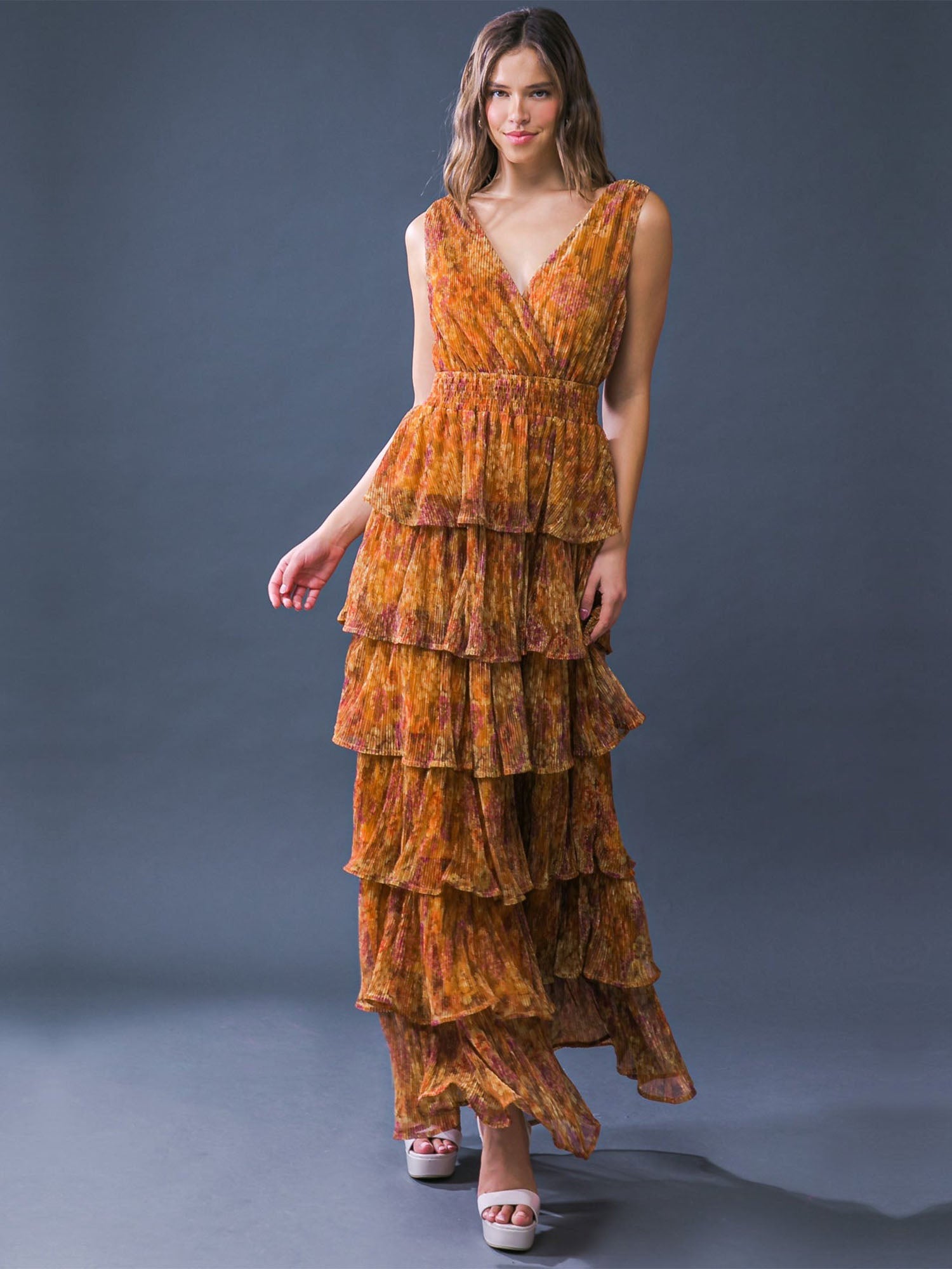 Flying Tomato Sleeveless Tiered Floral Maxi Dress