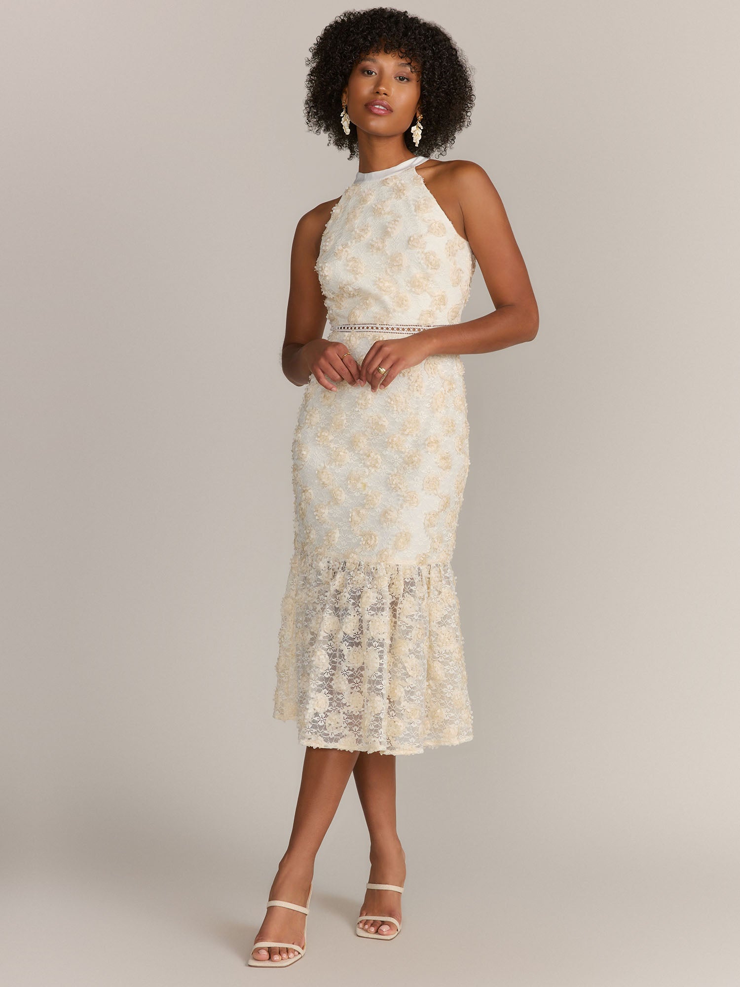 Just Me Textured Lace Ruffle Midi Dress