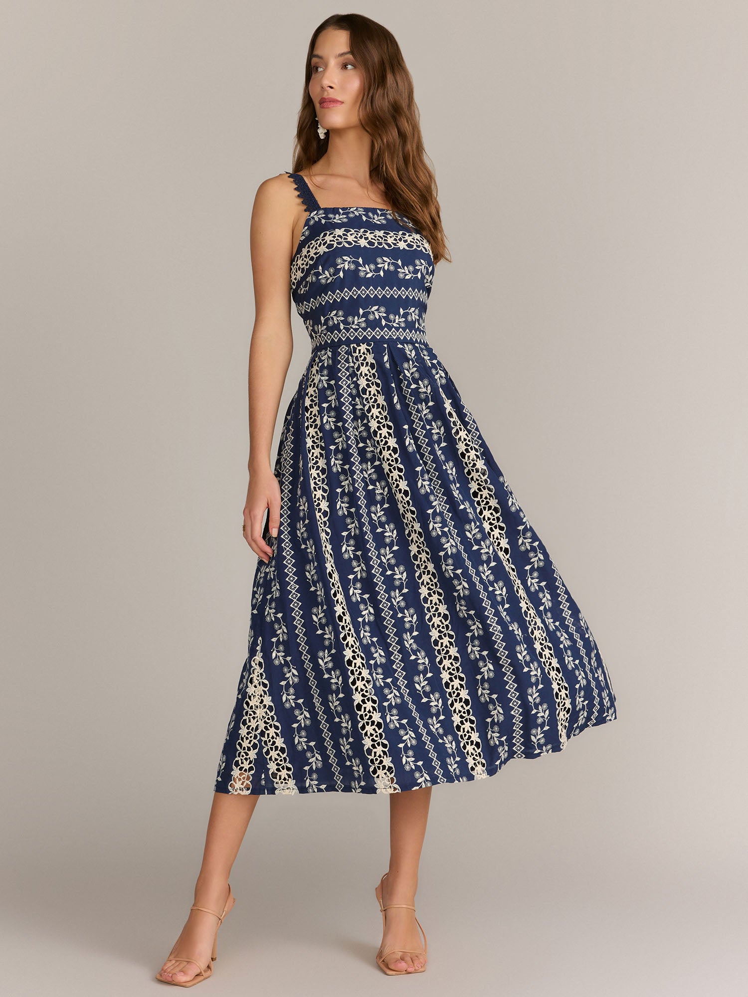Just Me Square Neck Stripe Eyelet Midi Dress