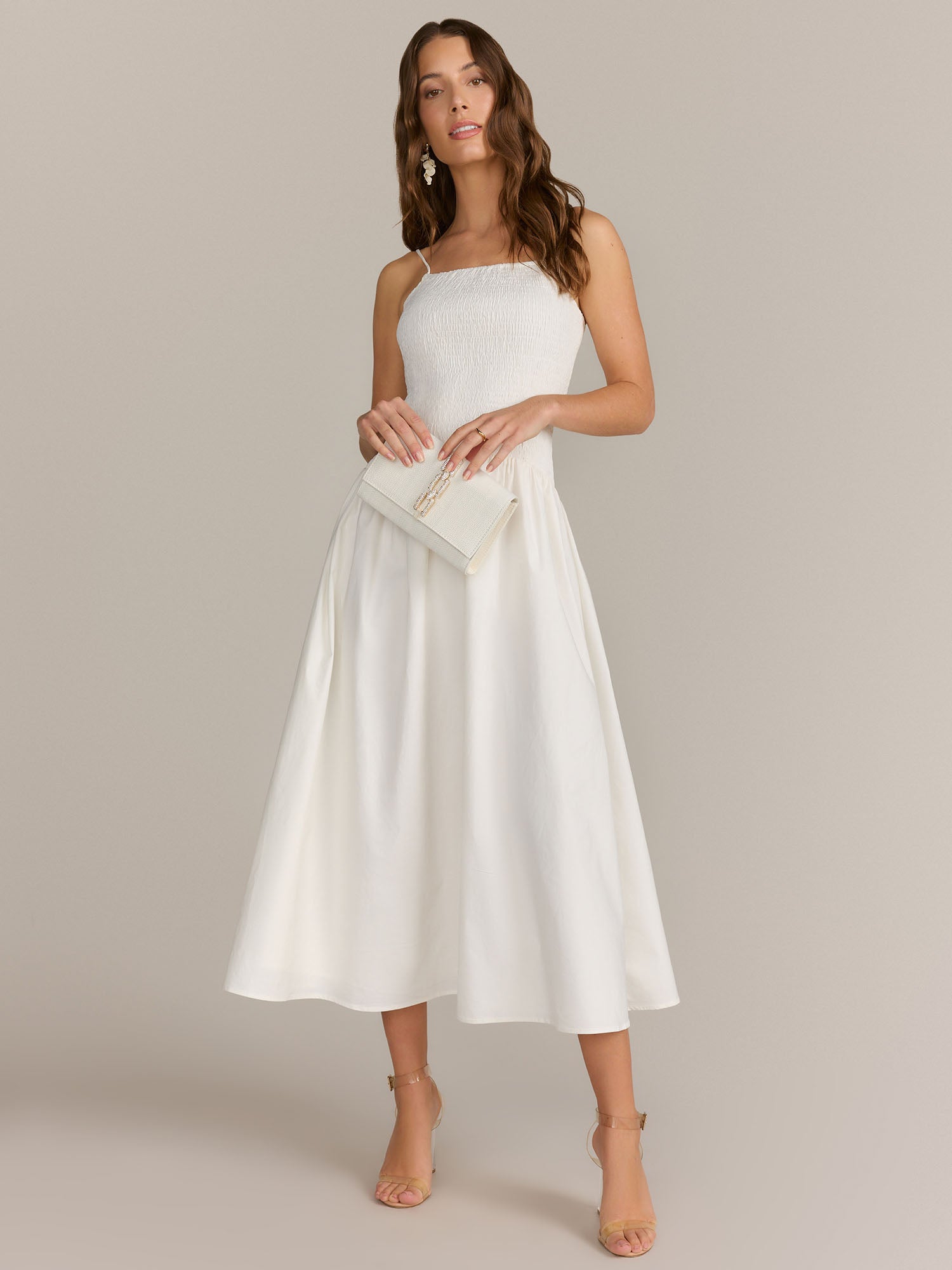 Lena Smocked Bodice Drop Waist Midi Dress
