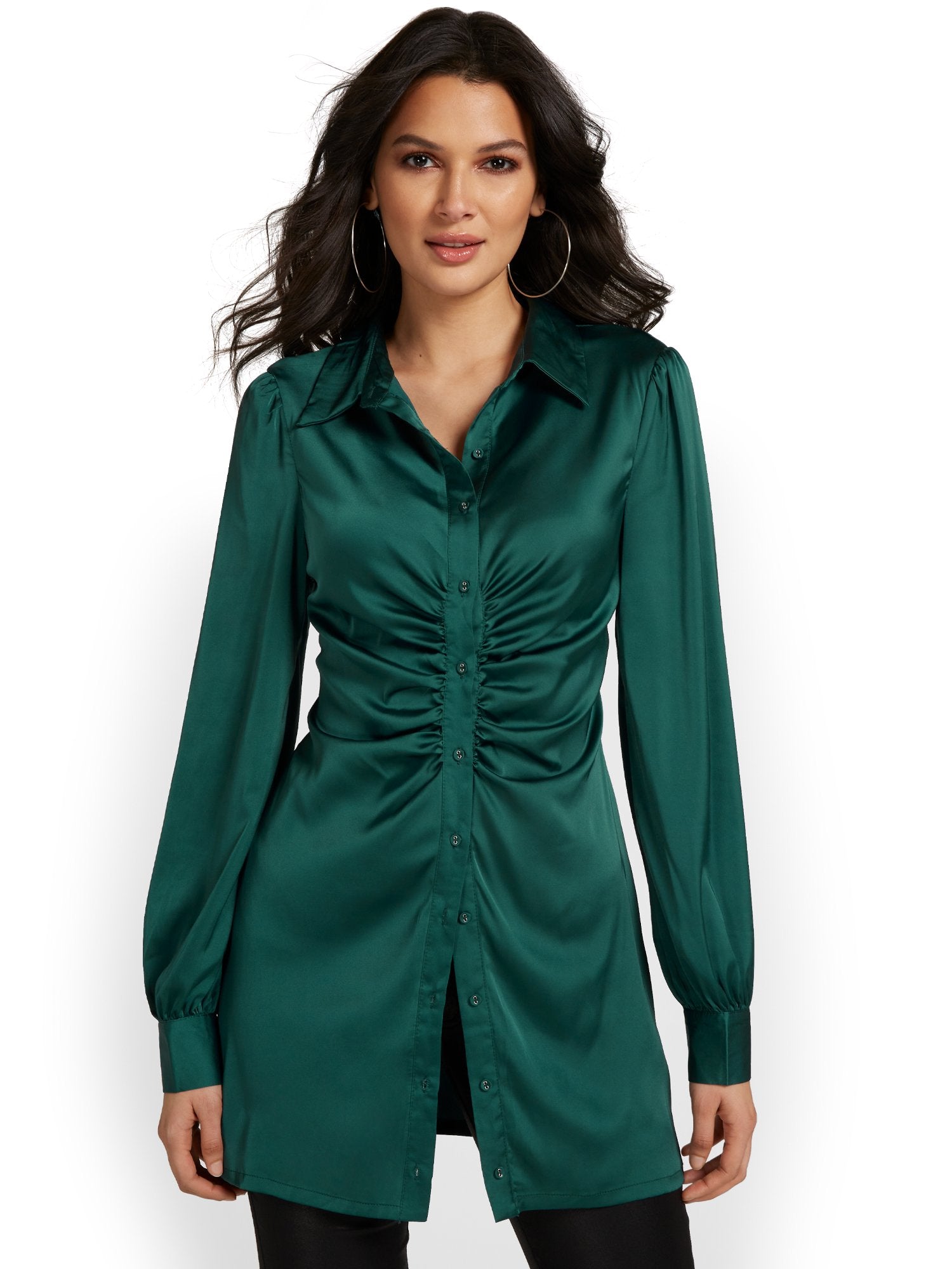 Emory Park Satin Ruched Button-Down Shirt - Brands We Love  New York &  Company