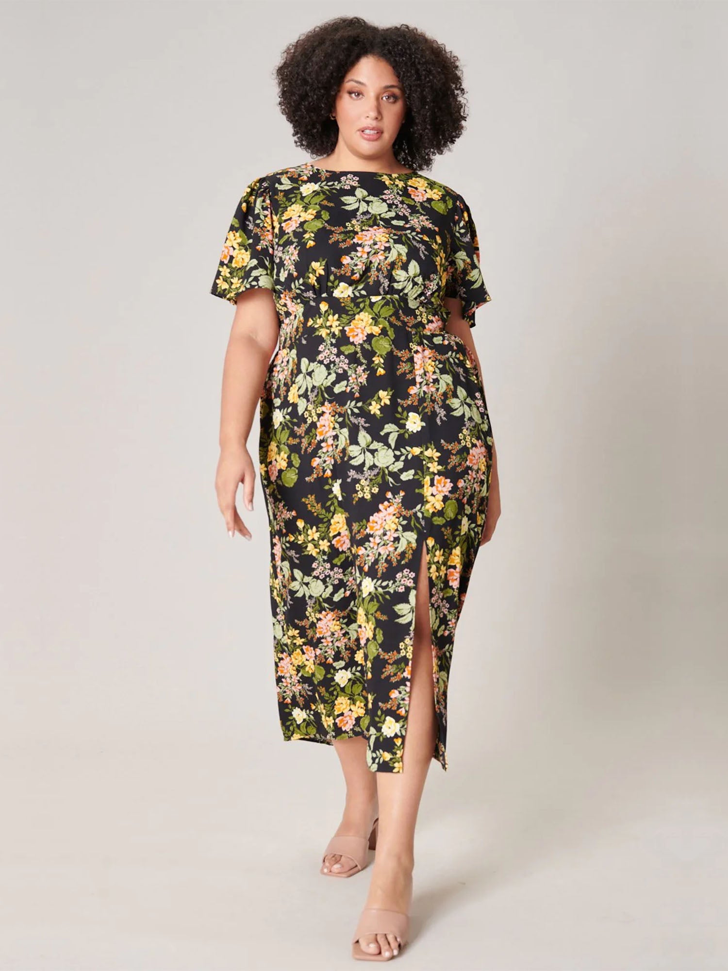 Sugarlips Plus Short Sleeve Floral High Slit Midi Dress