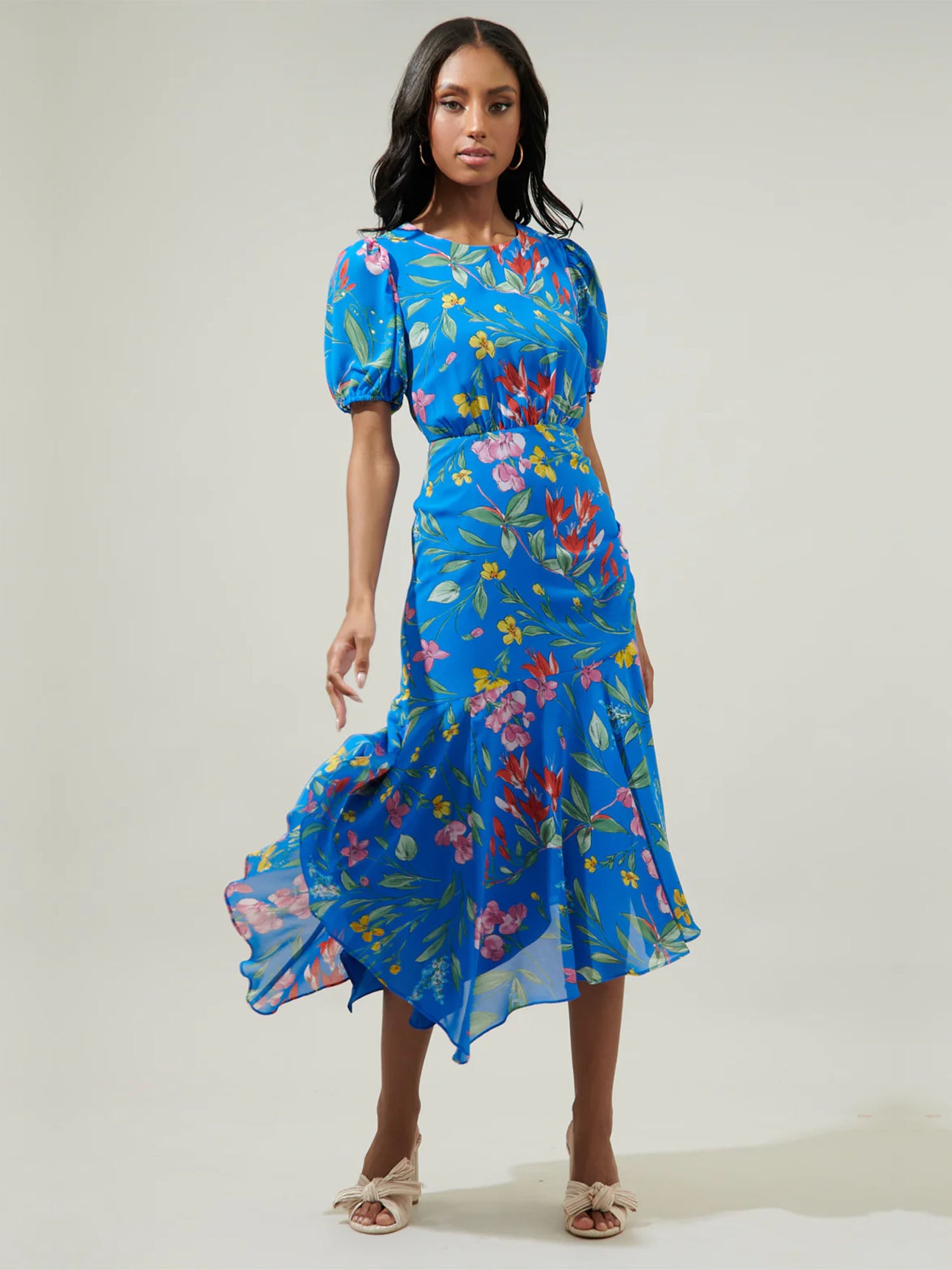 Sugarlips Short Sleeve Hanky Hem Floral Midi Dress - Brands We Love New York & Company Sugarlips Short Sleeve Hanky Hem Floral Midi Dress - Brands We Love New York & Company