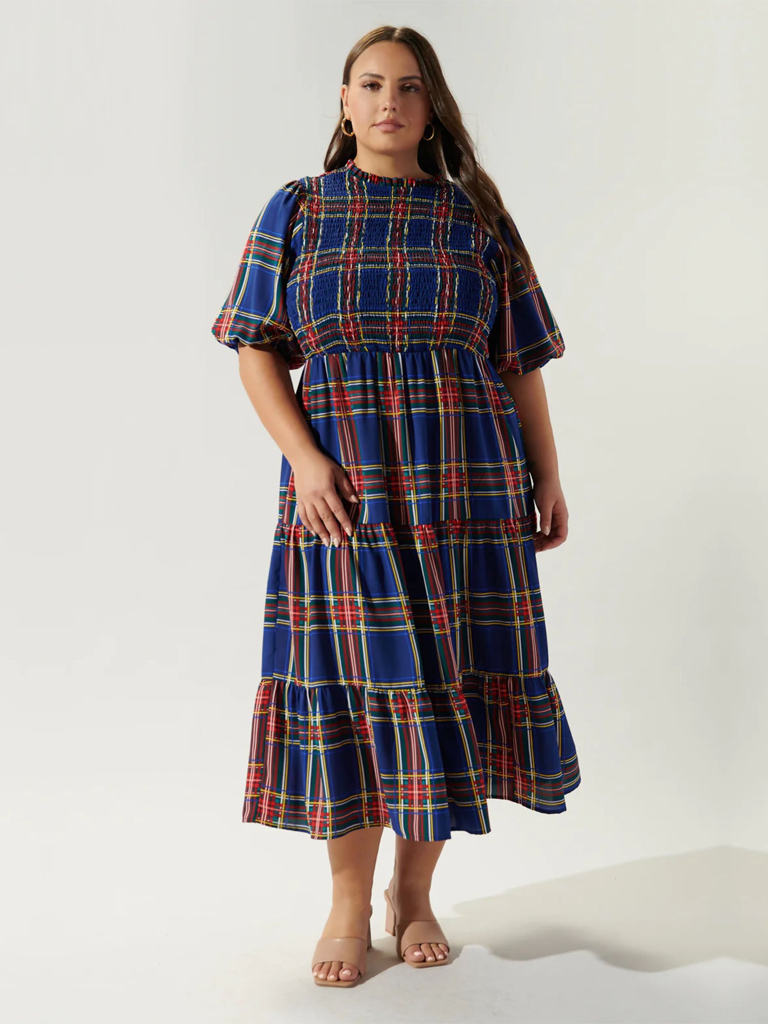 Sugarlips Plus Puff Sleeve Tiered Plaid Midi Dress