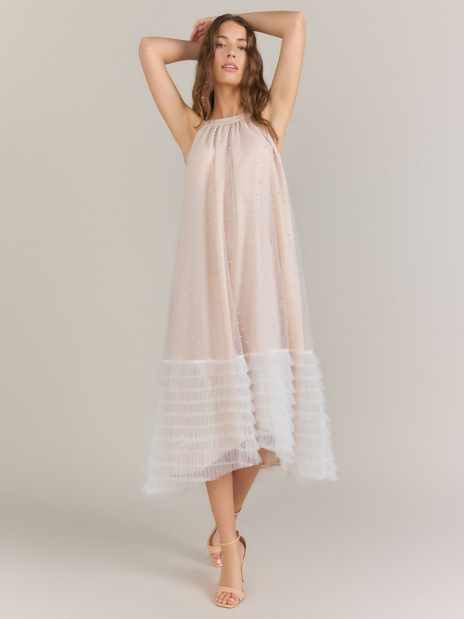 Just Me Pearl Mesh Ruffle Hem Dress