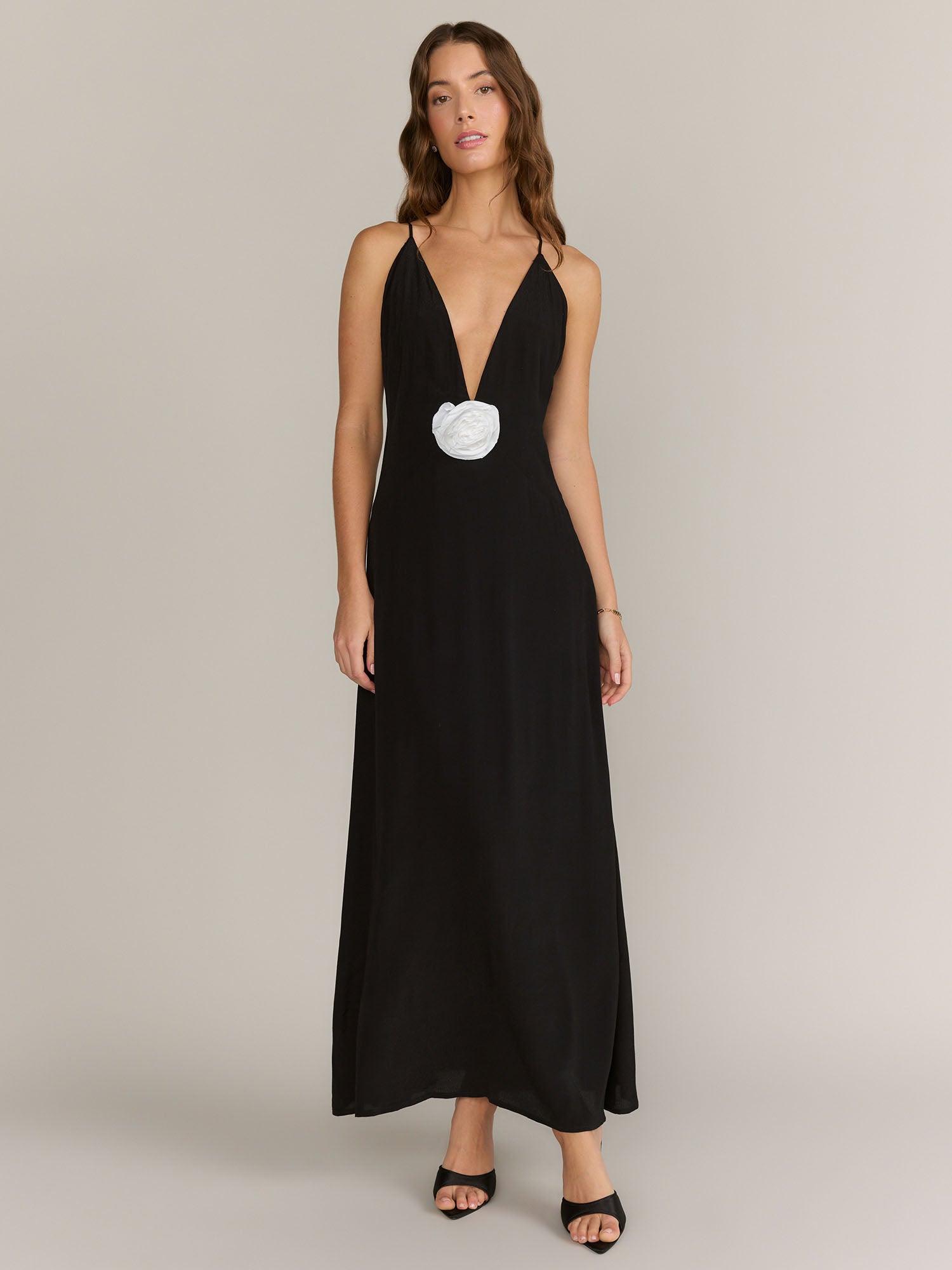 Fore Collection Sleeveless Plunge V-Neck Rosette Maxi Dress - Brands W New York & Company Fore Collection Sleeveless Plunge V-Neck Rosette Maxi Dress - Brands W New York & Company