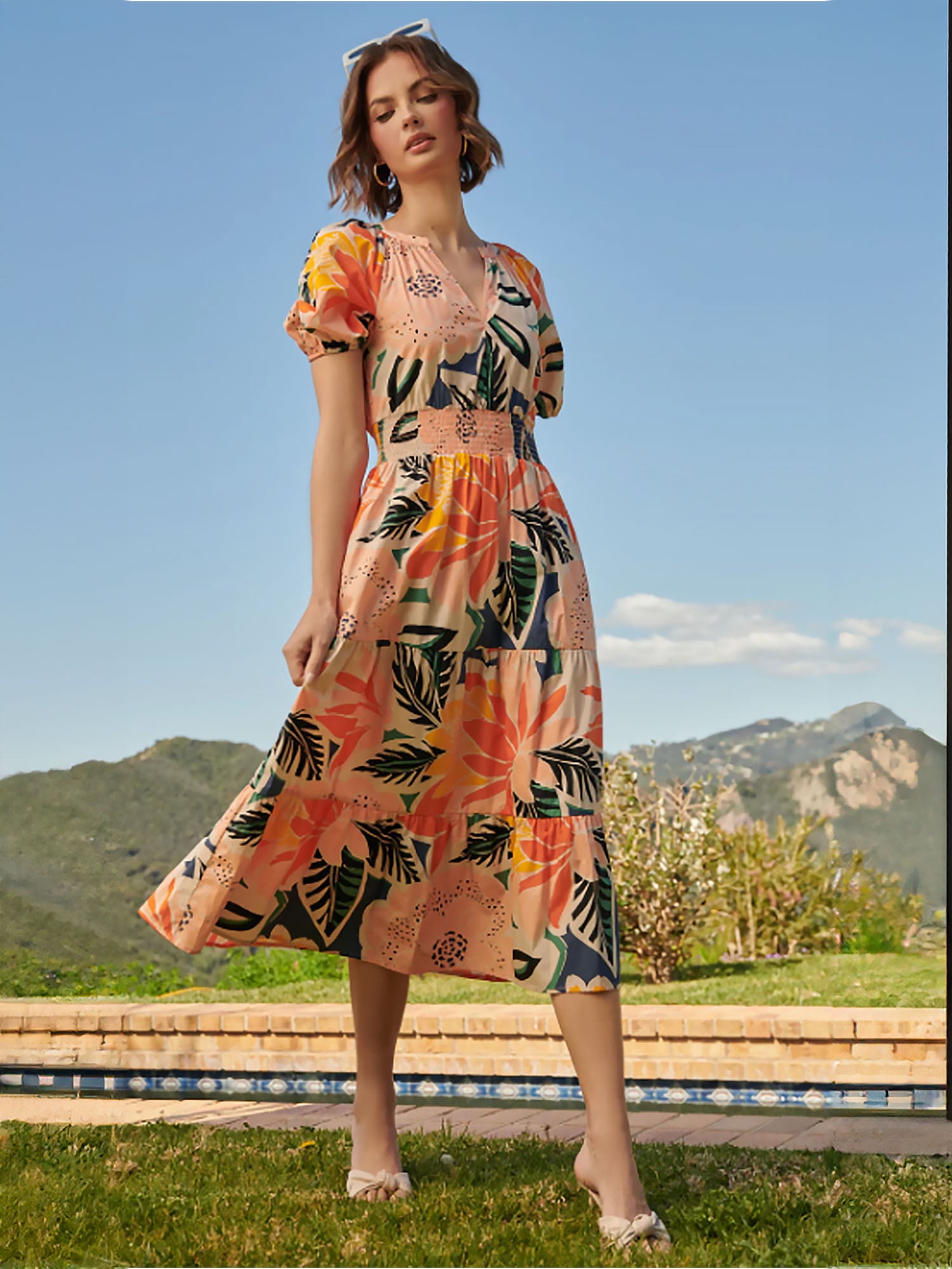 knee length dresses for ladies Sugarlips Puff Sleeve Tropical Tiered Midi Dress