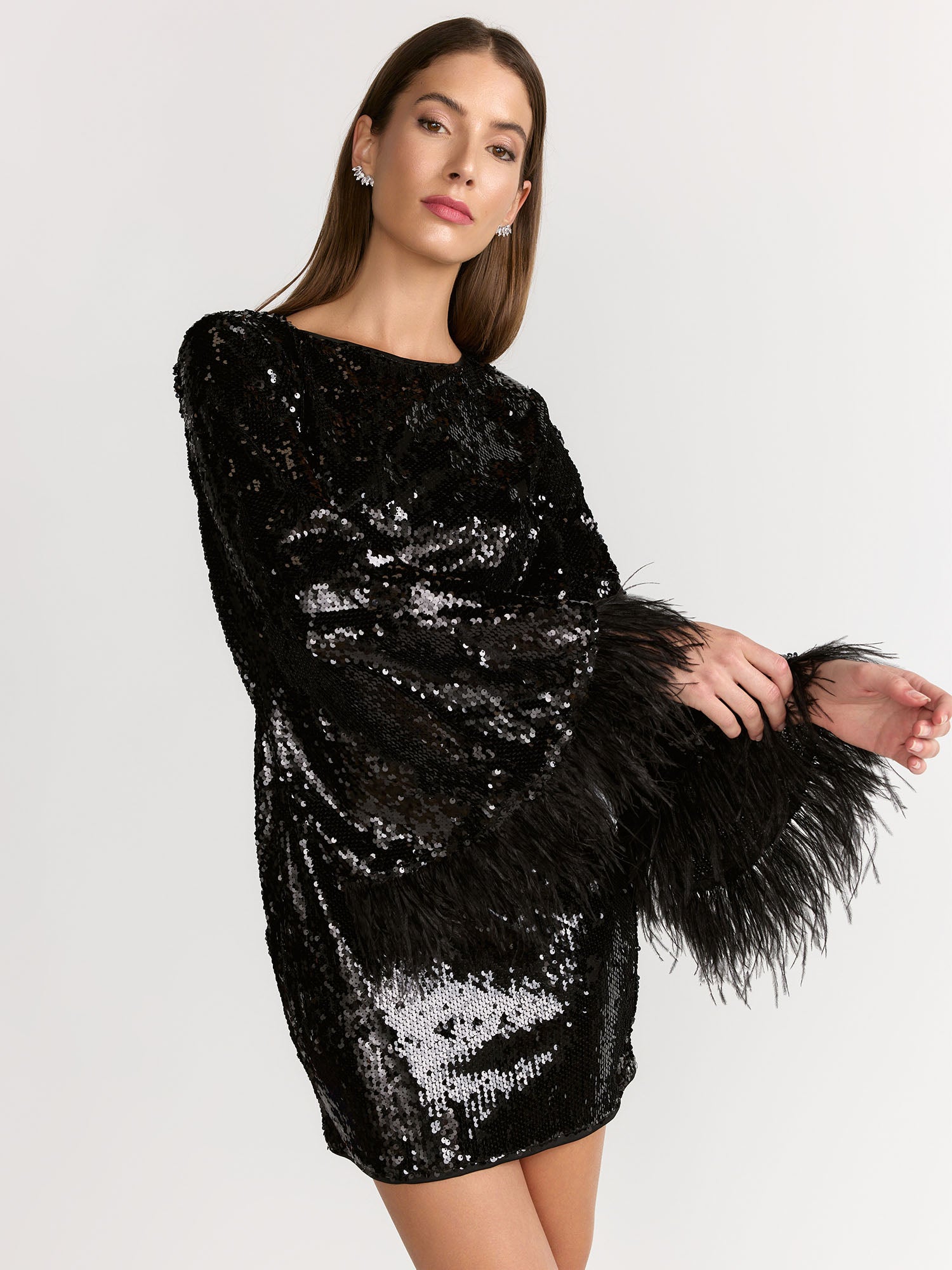 Lena Long-Sleeve Feather Trim Sequin Dress Brands We Love – New