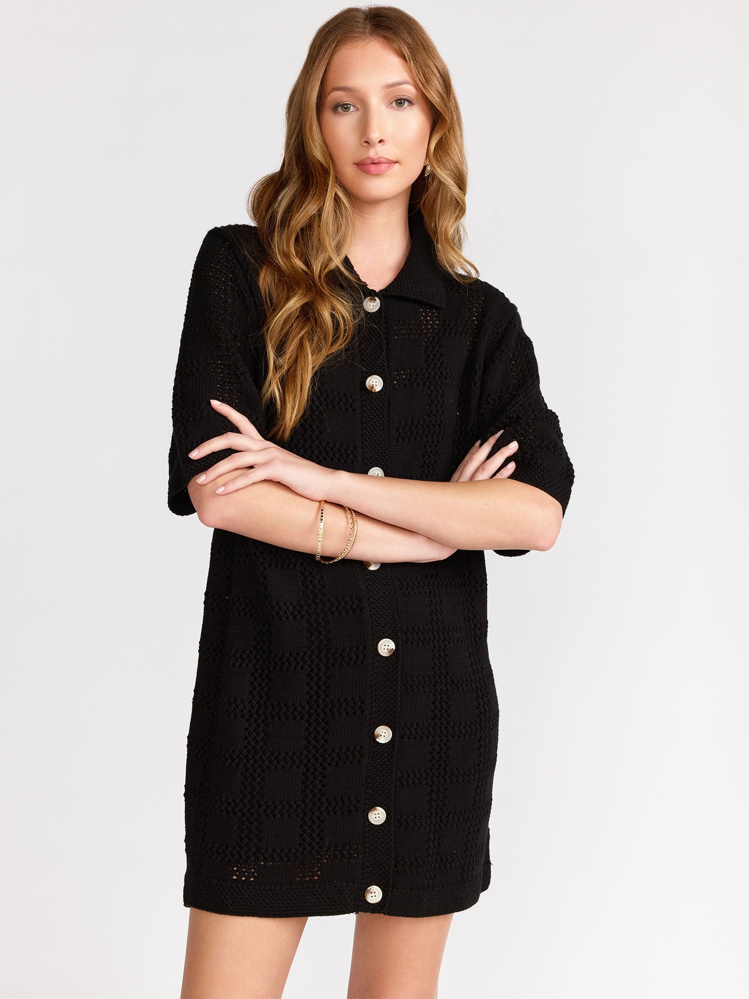 Short-Sleeve Crochet Button Down Mini Dress - Aaron & Amber New York & Company Short-Sleeve Crochet Button Down Mini Dress - Aaron & Amber New York & Company