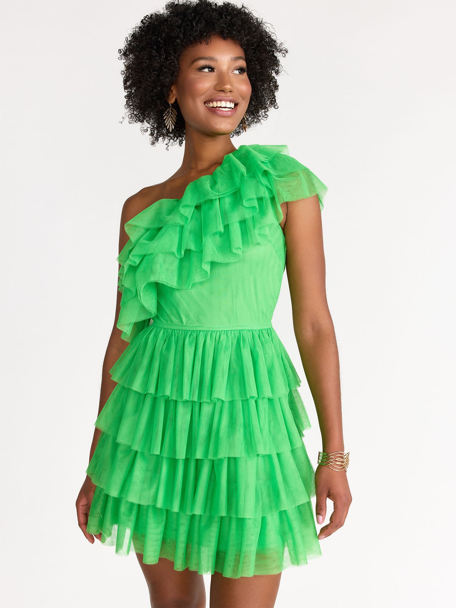 slim fit dress slacks Flying Tomato One Shoulder Tiered Tulle Mini Dress
