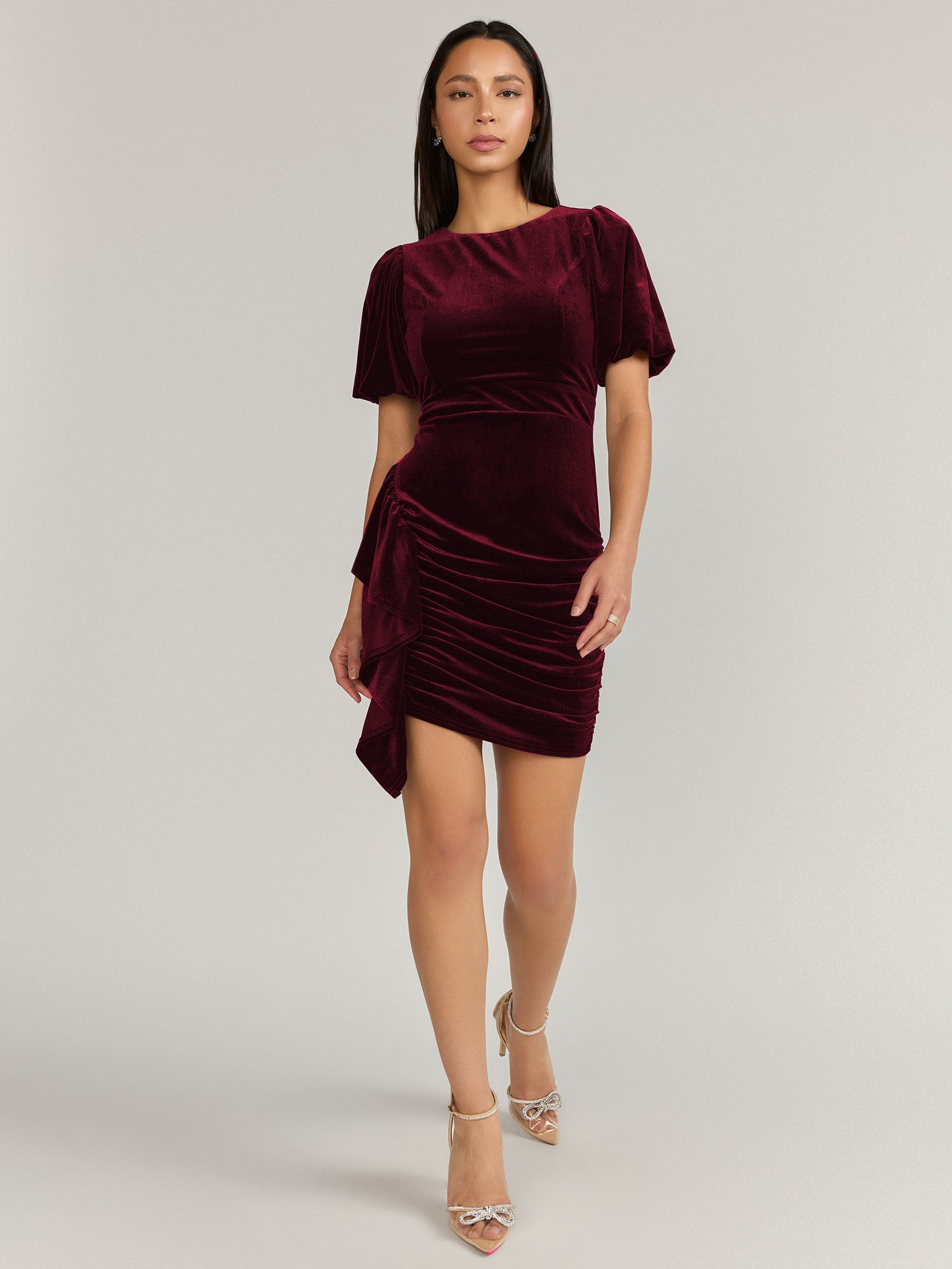 Lena Puff Sleeve Velvet Ruched Dress - Brands We Love New York & Company Lena Puff Sleeve Velvet Ruched Dress - Brands We Love New York & Company