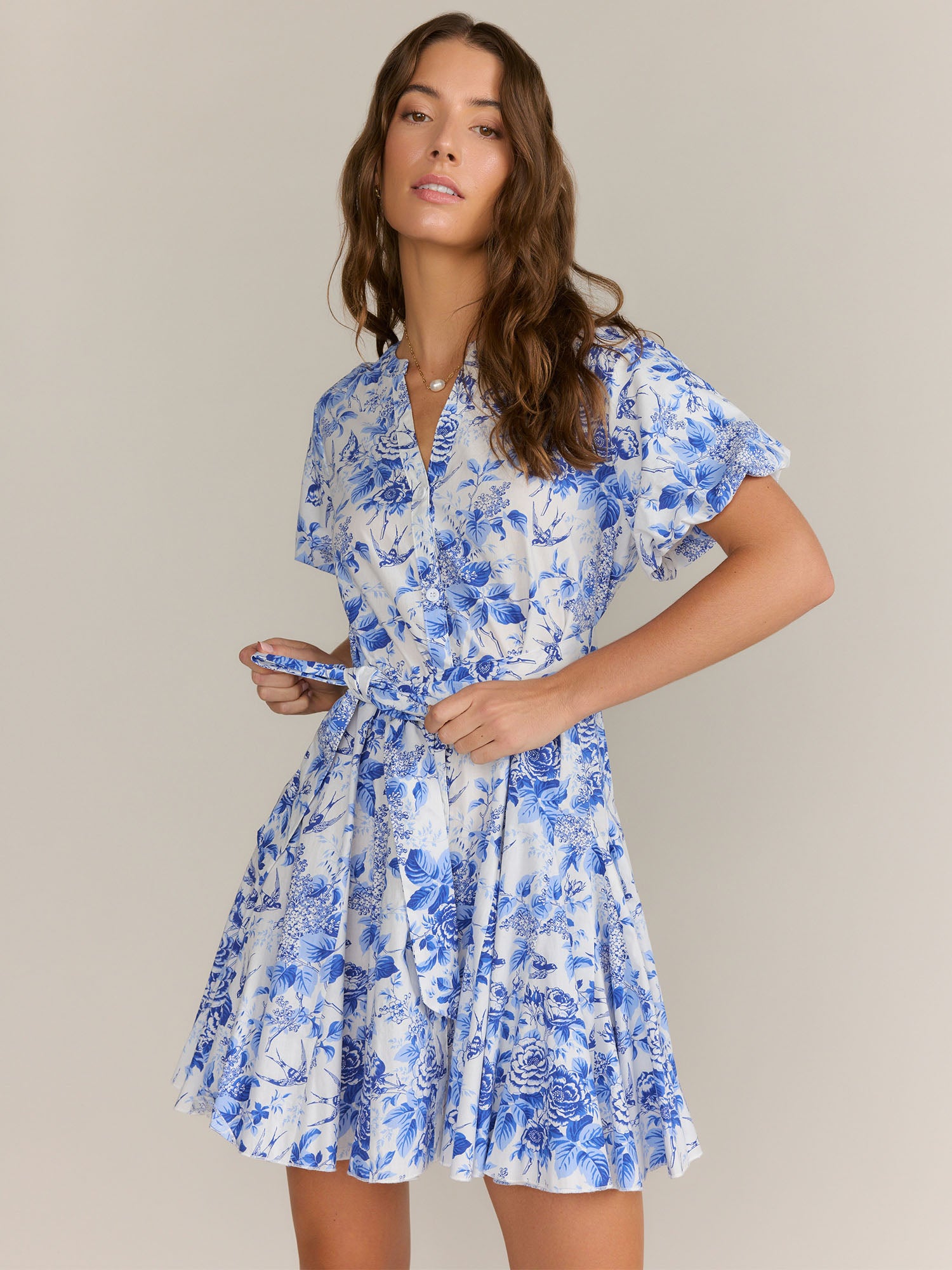 Short Sleeve Belted Floral Mini Dress - Aakaa