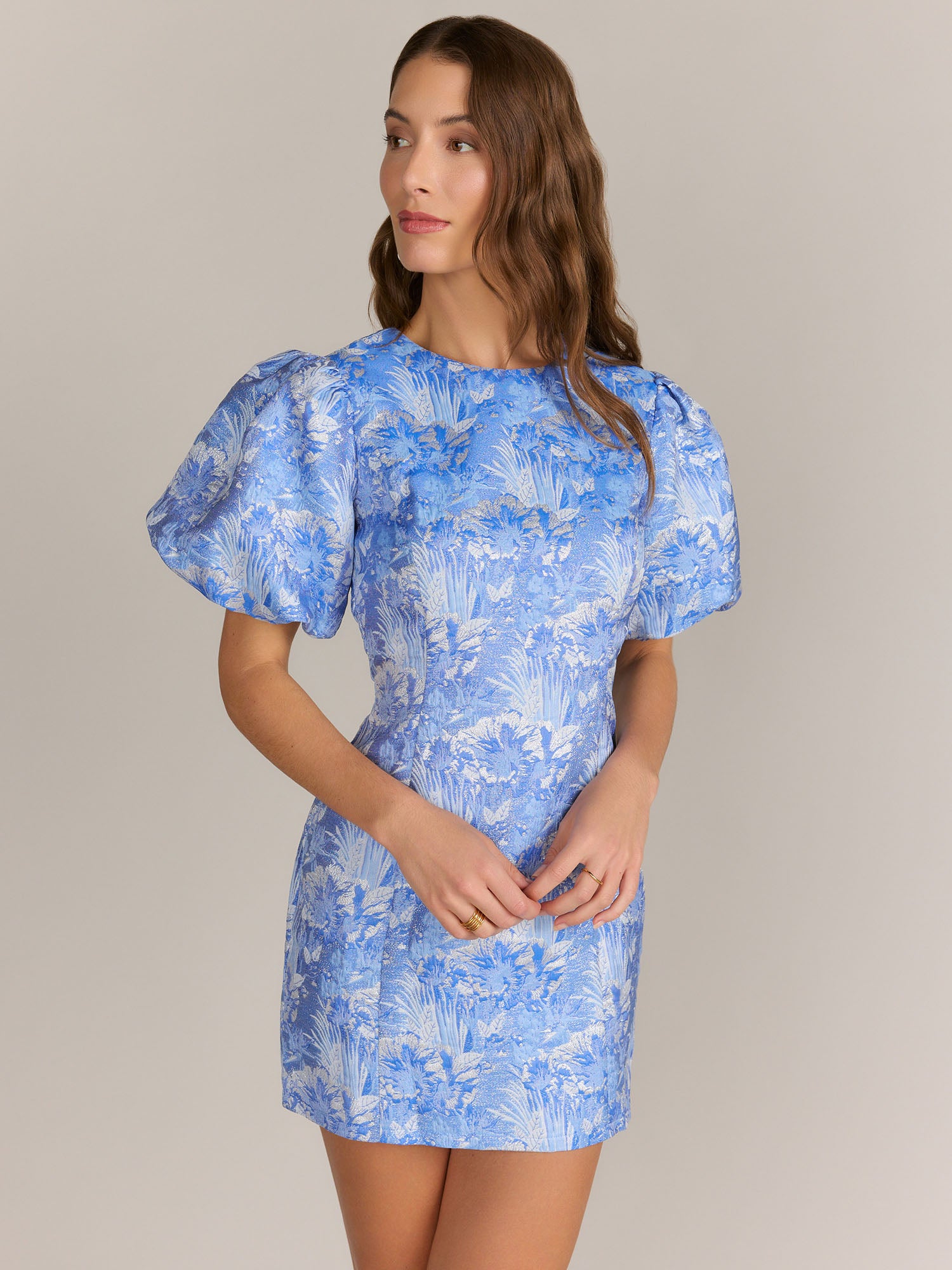Lena Puff Sleeve Leaf Metallic Brocade Mini Dress Lena Puff Sleeve Leaf Metallic Brocade Mini Dress