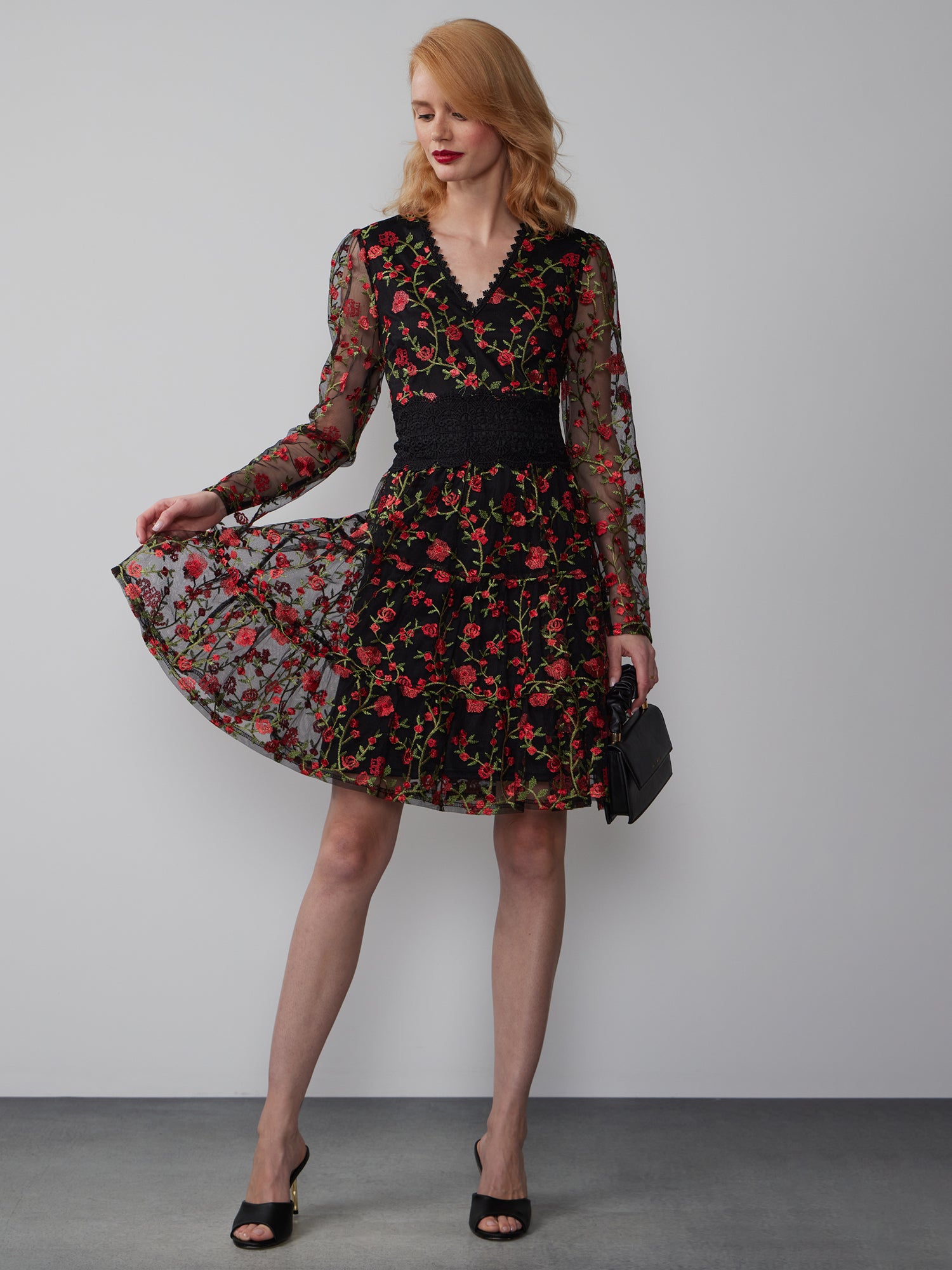 Mesh Embroidered Tiered Dress  New York & Company
