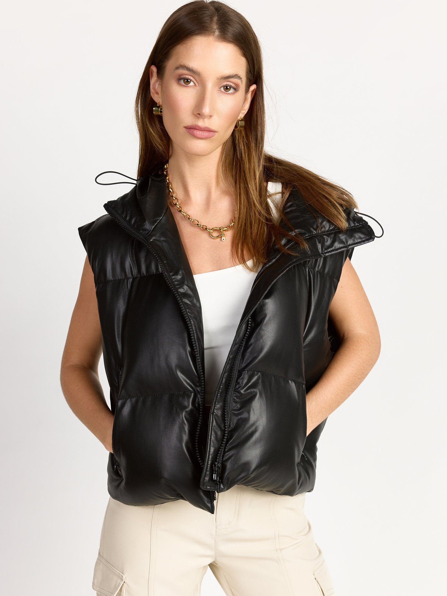 Hooded Faux Leather Crop Puffer Vest - Aaron & Amber – New York