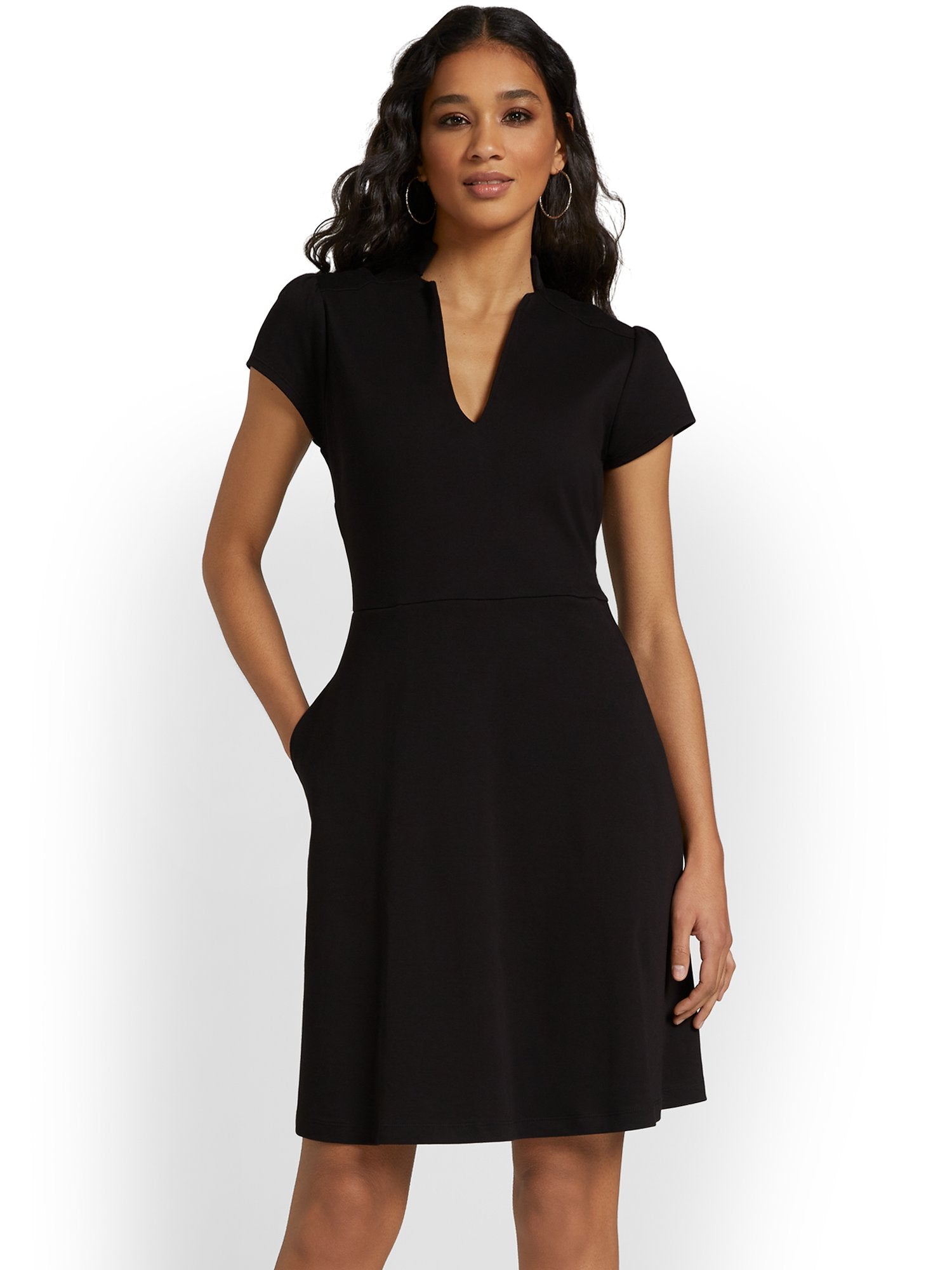 Split-Neck Puff-Sleeve Flare Dress - City Knits New York & Company Split-Neck Puff-Sleeve Flare Dress - City Knits New York & Company