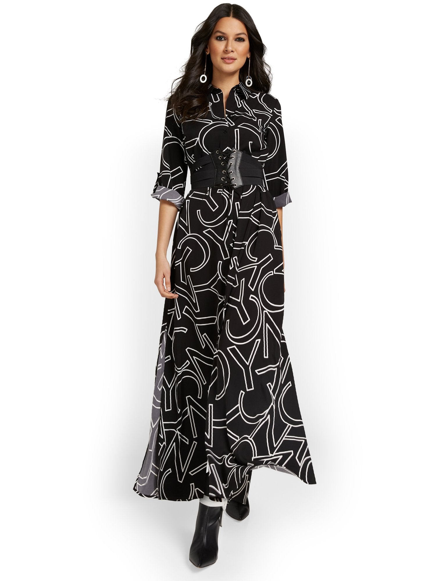 fitted lace wedding dress NYC-Print Maxi Shirtdress