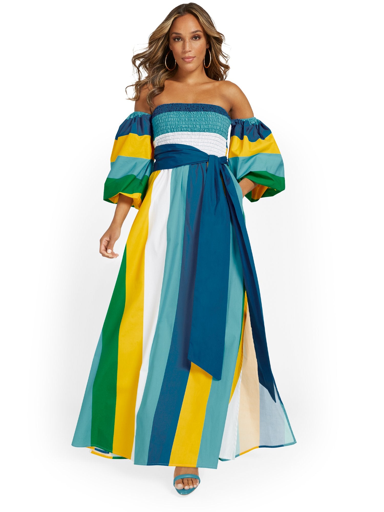 Off-The-Shoulder Striped Puff-Sleeve Maxi Dress Off-The-Shoulder Striped Puff-Sleeve Maxi Dress