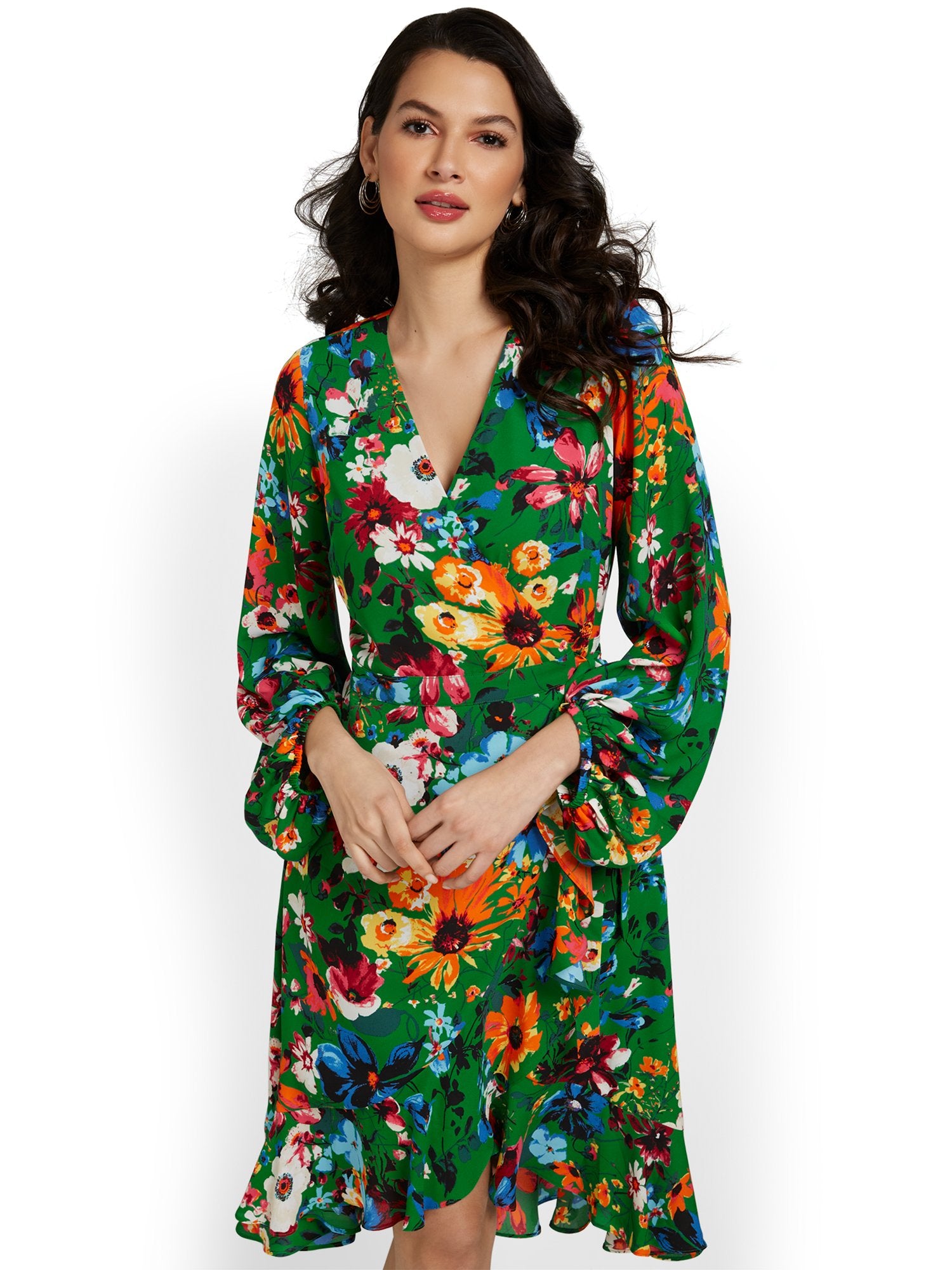 slim fit dress slacks Silk Billowy Sleeve Midi Wrap Dress - Chartreuse Emerald main image 1