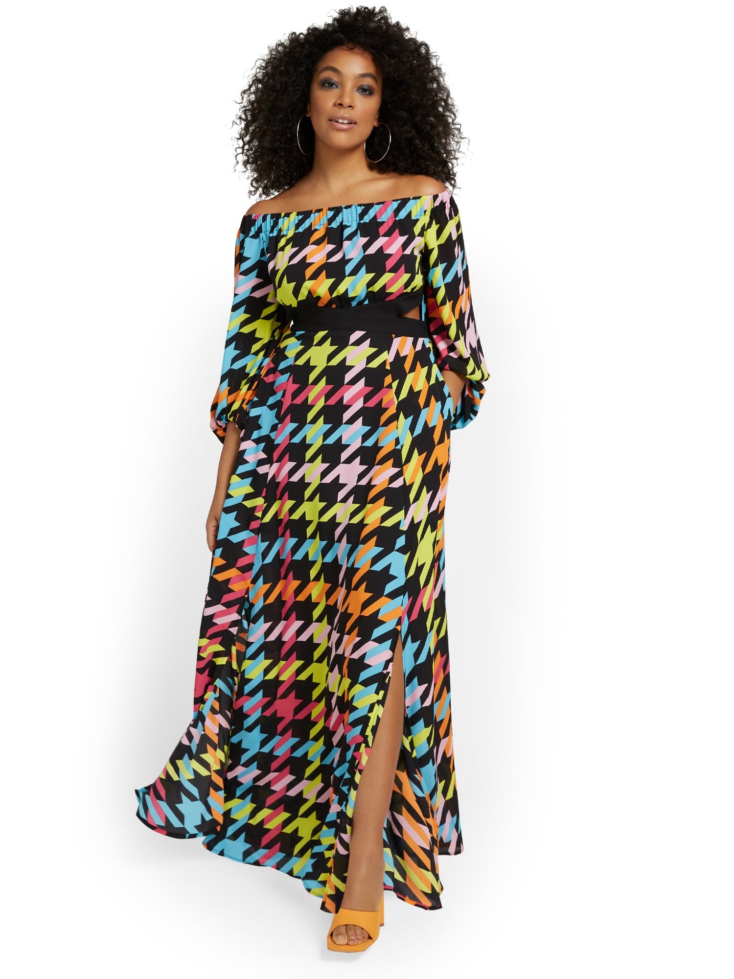 houndstooth maxi dress Houndstooth Off-The-Shoulder Cut-Out Maxi Dress – New York & Company