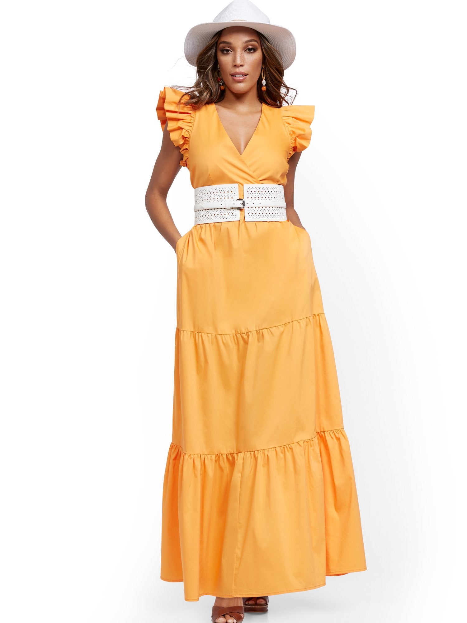 Orange Ruffle-Sleeve Poplin Maxi Dress – New York & Company