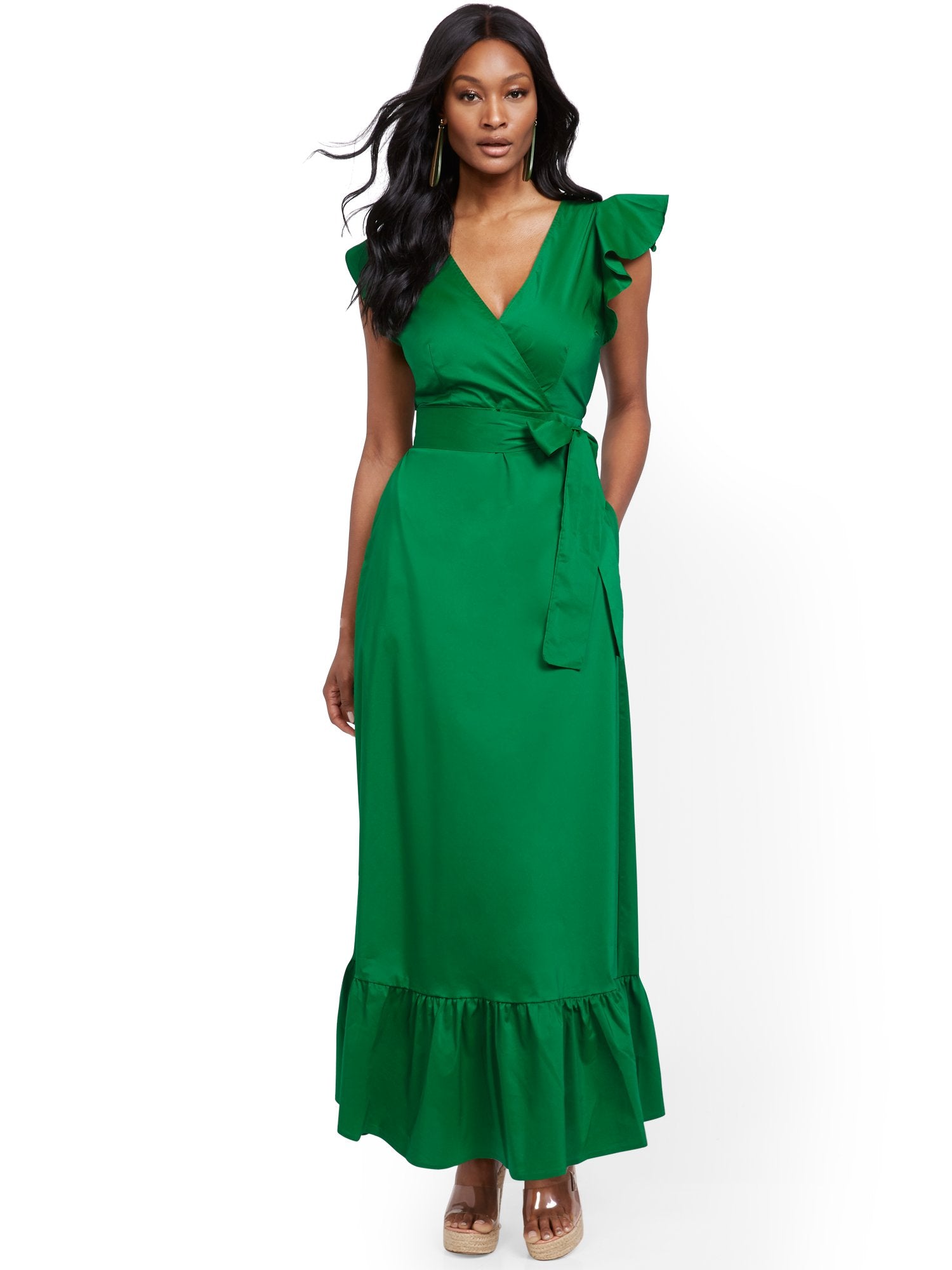 Green Ruffle-Sleeve Poplin Maxi Dress New York & Company Green Ruffle-Sleeve Poplin Maxi Dress New York & Company