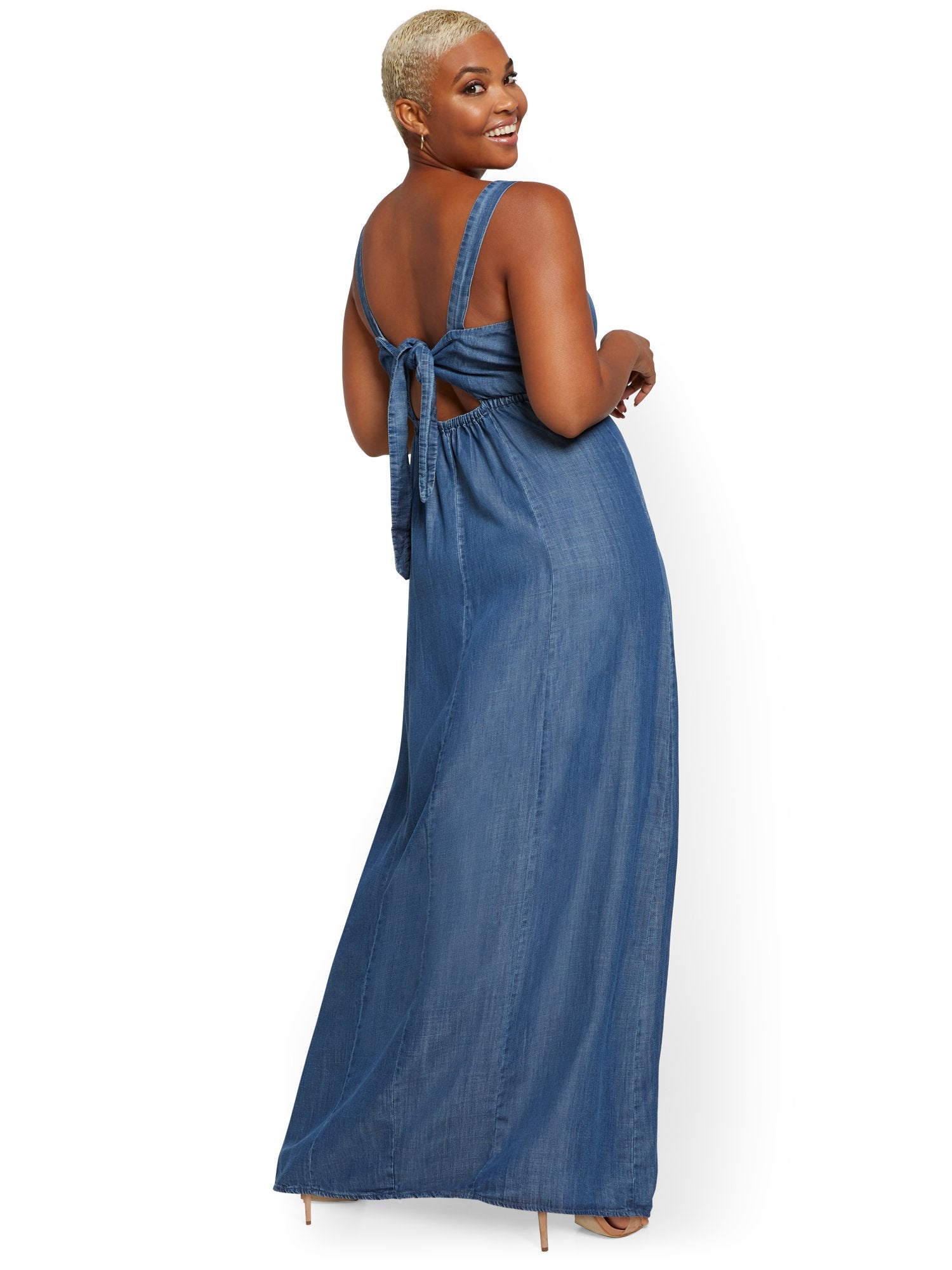white christmas dresses Ruffle Tube Strapless Denim Maxi Dress S / S3477 main image 0