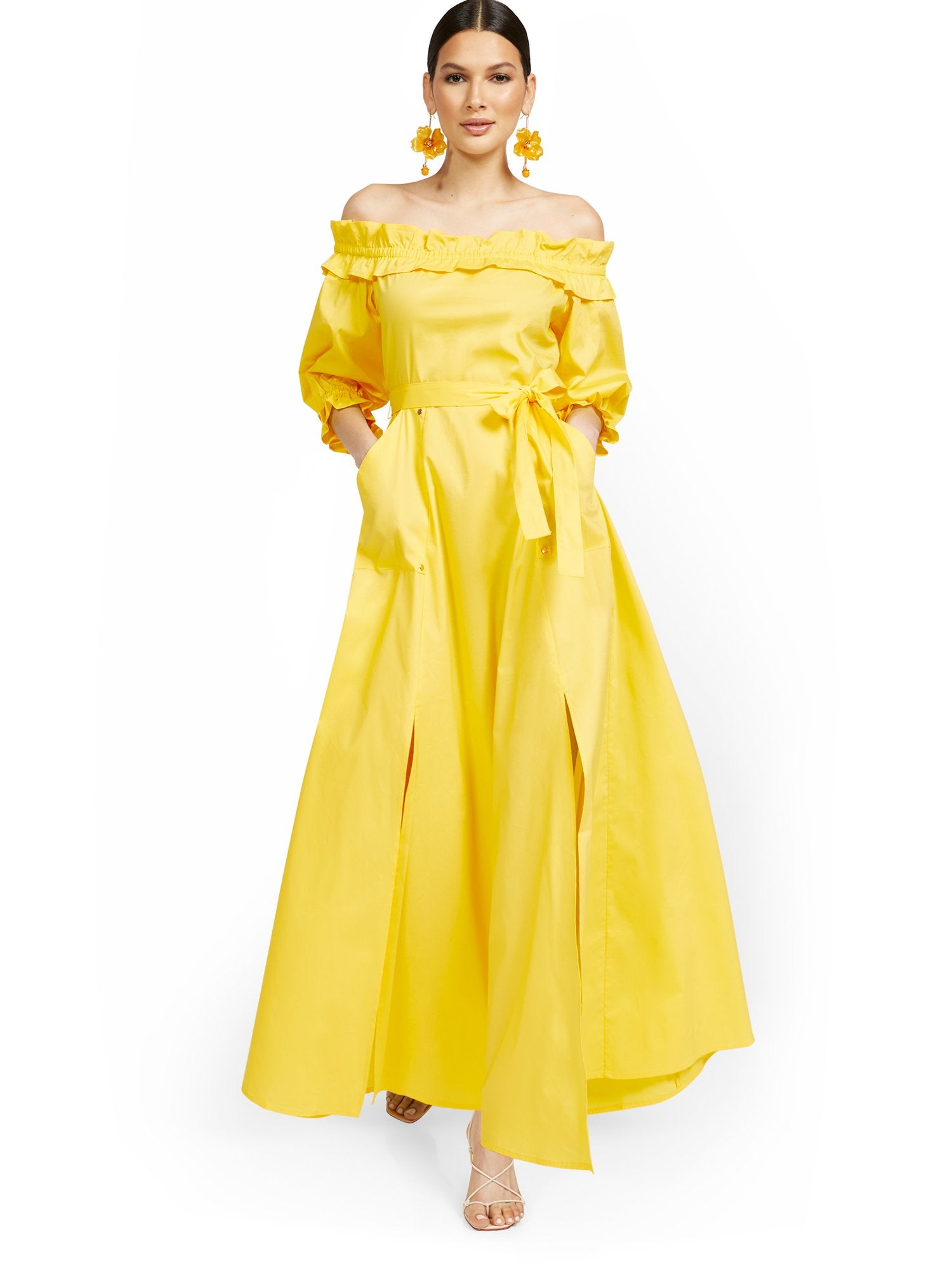 Off-The-Shoulder Smocked Tie-Front Maxi Dress – New York & Company Off-The-Shoulder Smocked Tie-Front Maxi Dress – New York & Company
