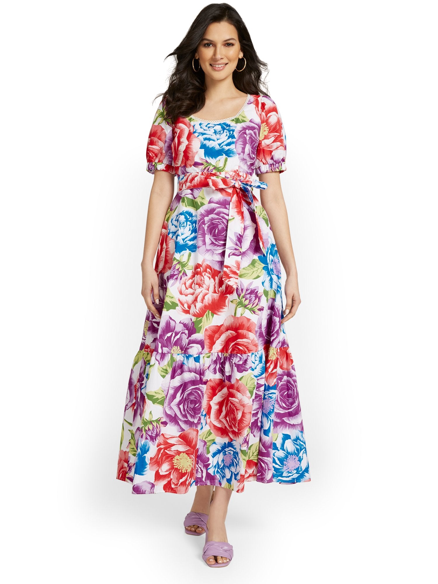 chinese dress ladies Navy Floral Frill Slit Neck Smocked Waist Short Puff Sleeve Tiered Maxi  Dress main image 0