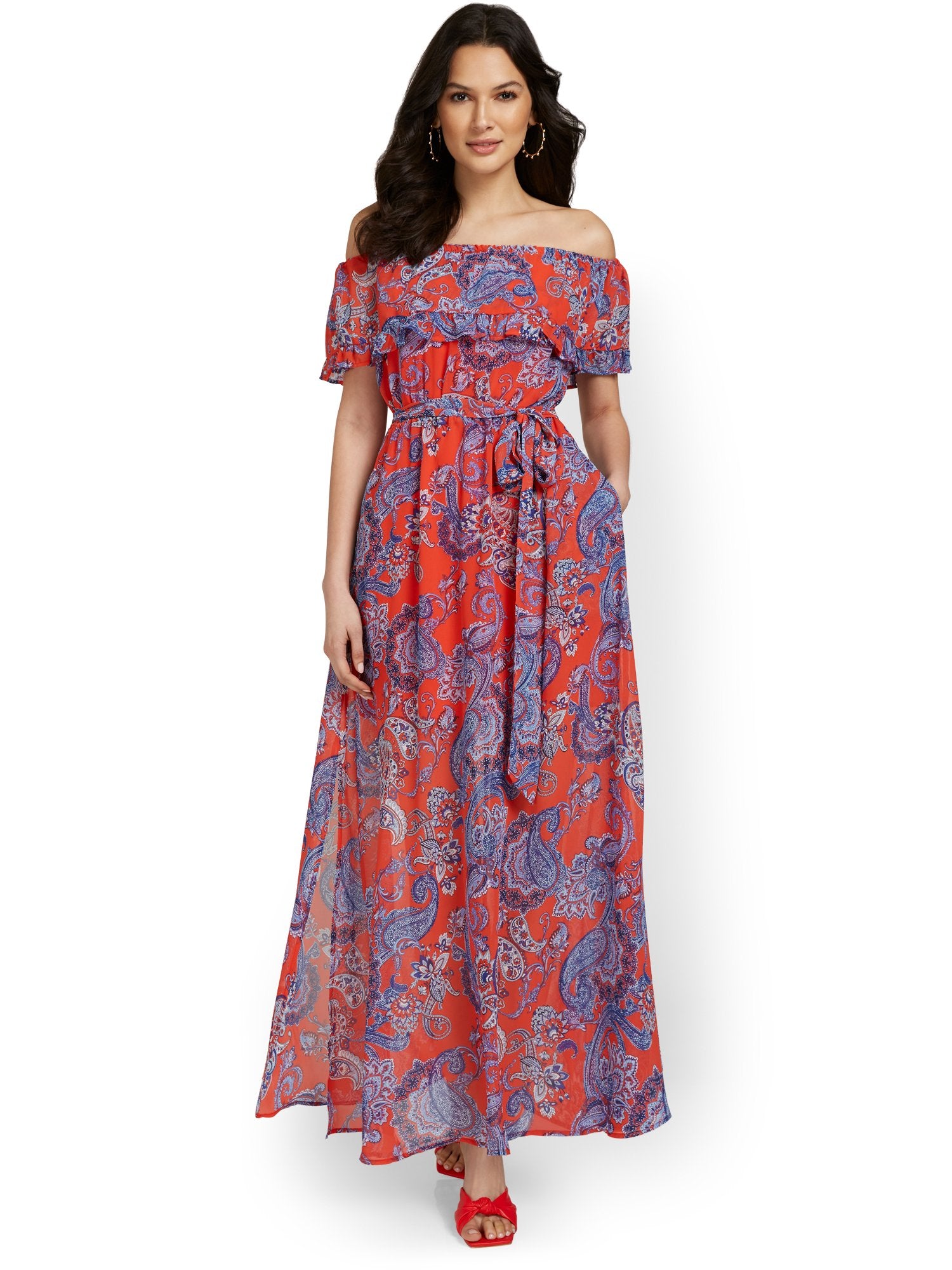 slim fit dress slacks Petite Paisley Off-The-Shoulder Maxi Dress – New York & Company
