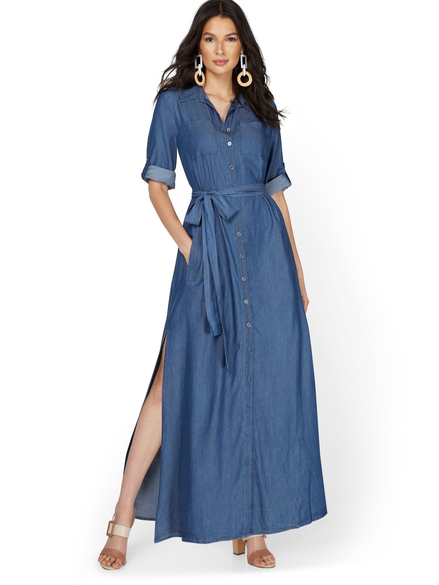 fitted lace wedding dress Light Blue Chambray Cinched Tie Bust Maternity Maxi Dress main image 0