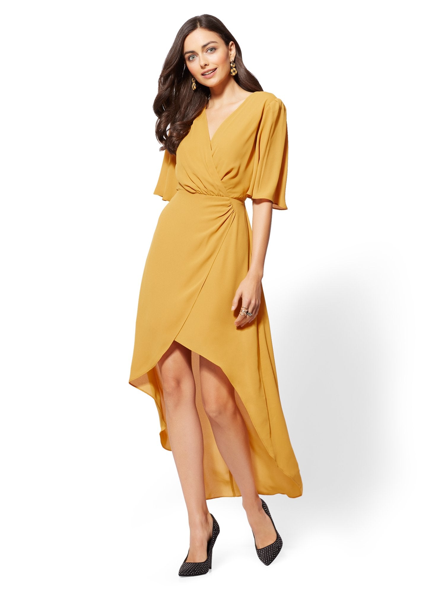 Gold V-Neck Wrap Midi Dress