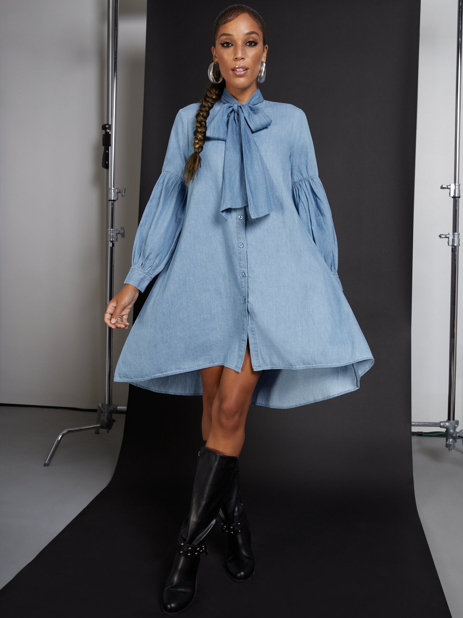 Bow-Detail Poplin Denim Dress