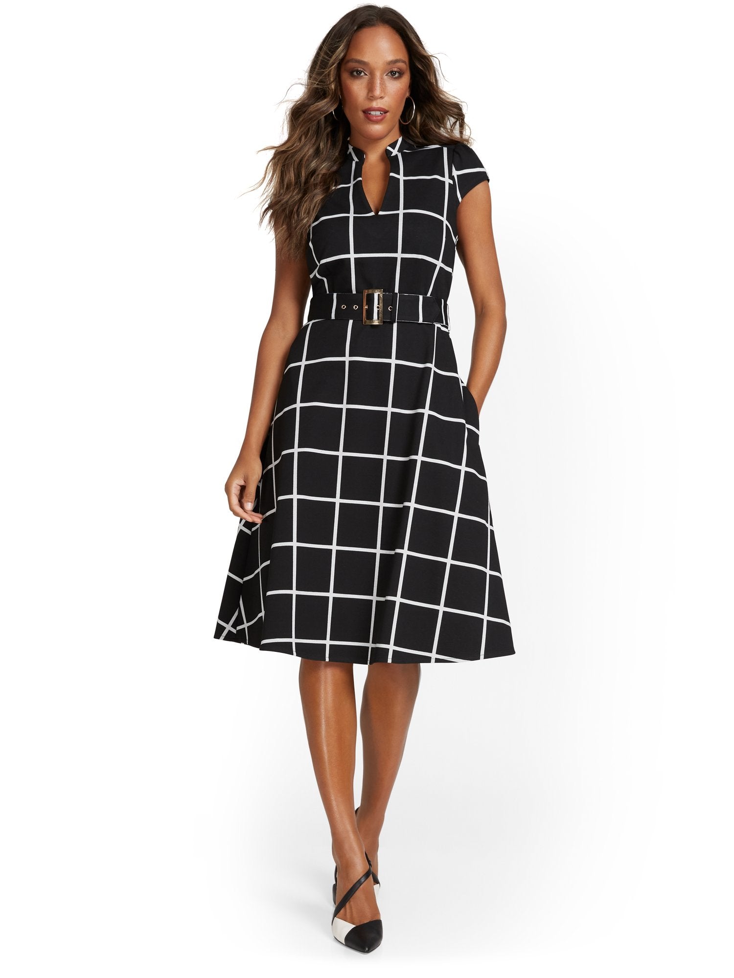 Windowpane-Print Flare Dress - Superflex – New York & Company