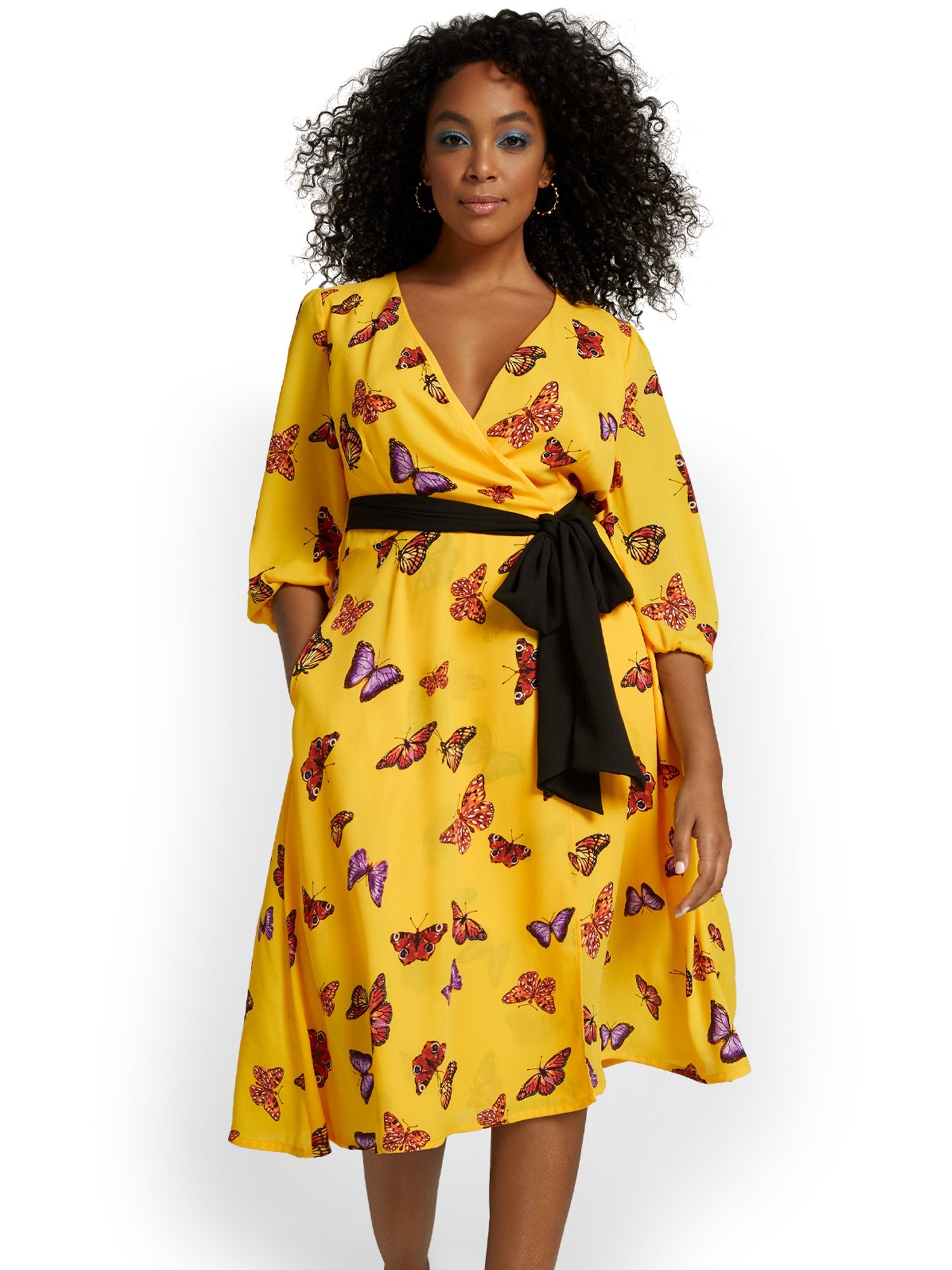 Butterfly-Print V-Neck Wrap Dress – New York & Company