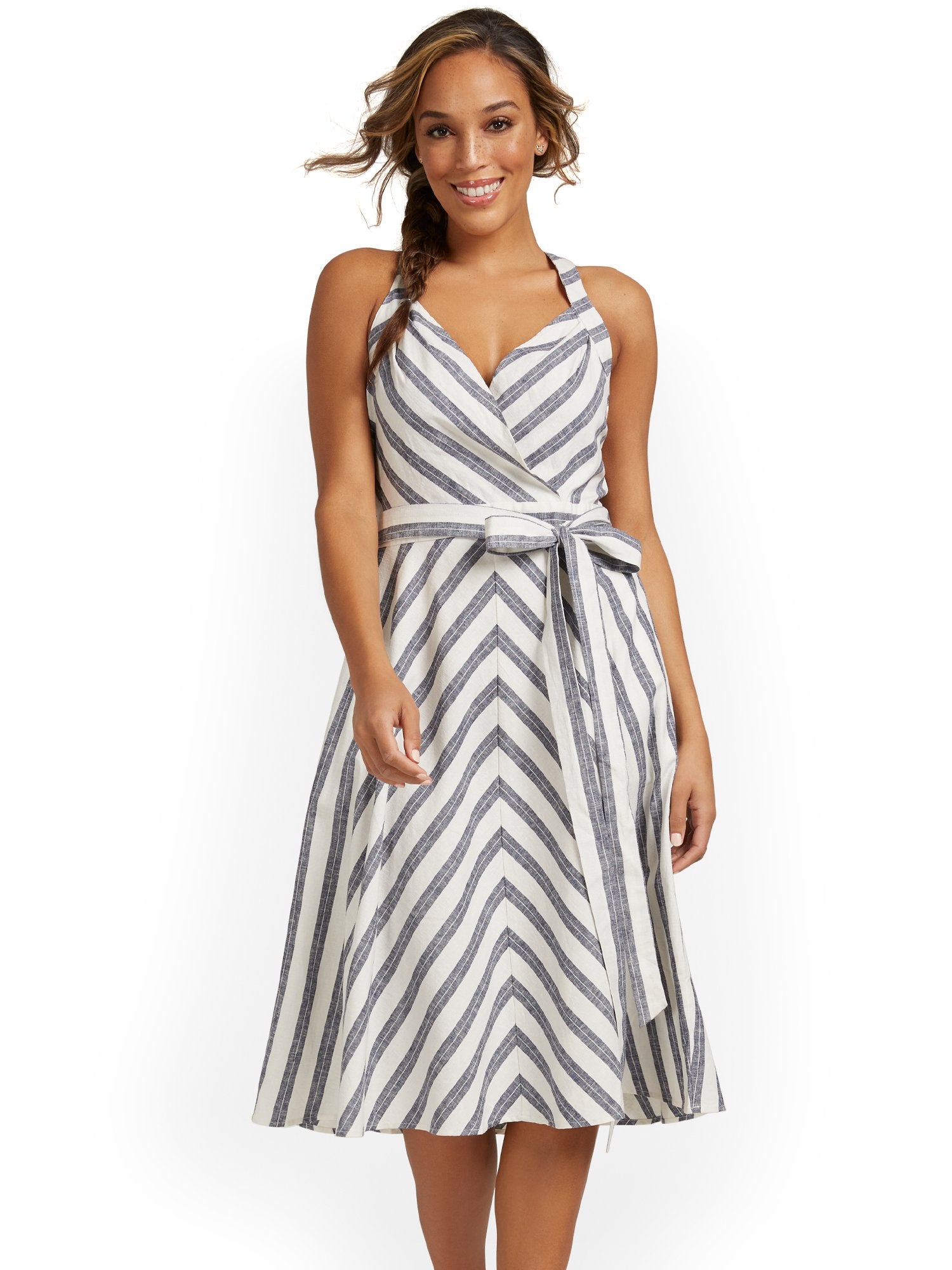 Linen-Blend Striped Halterneck Dress  New York & Company